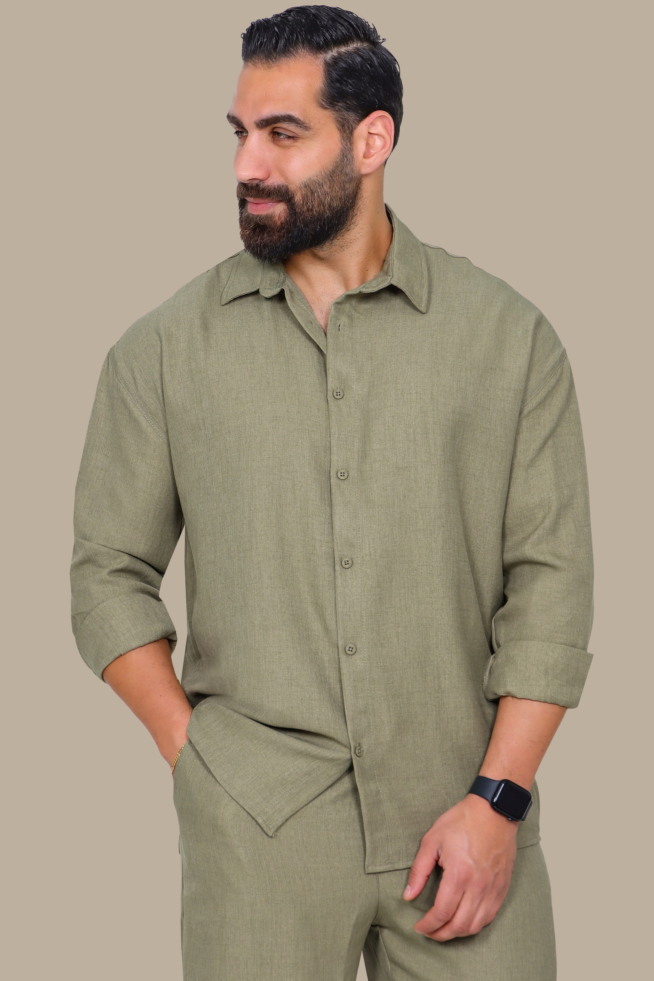 Olive Linen Fil à Fil Oversized Shirt