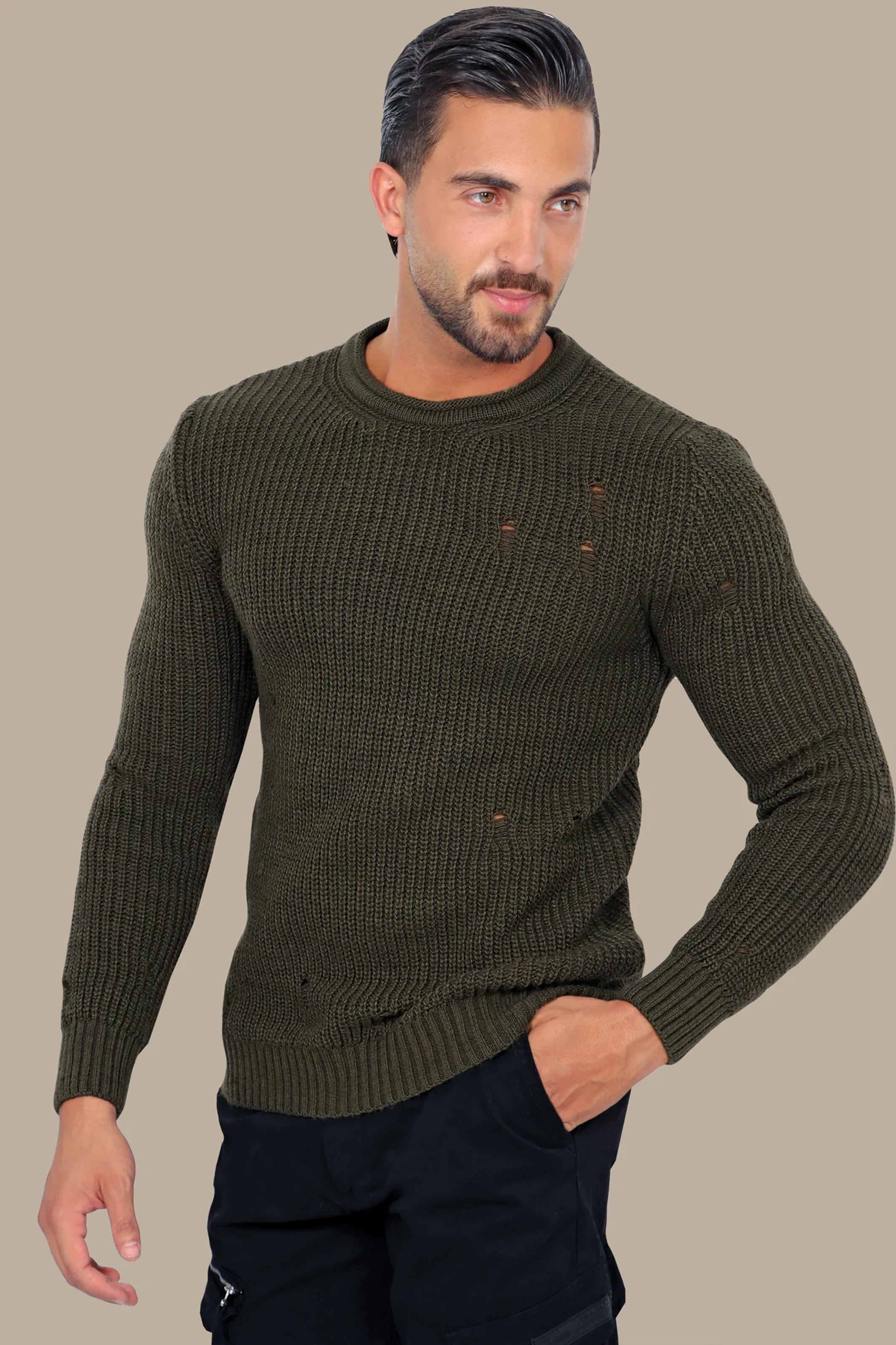 Khaki Knitted Damaged Sweater