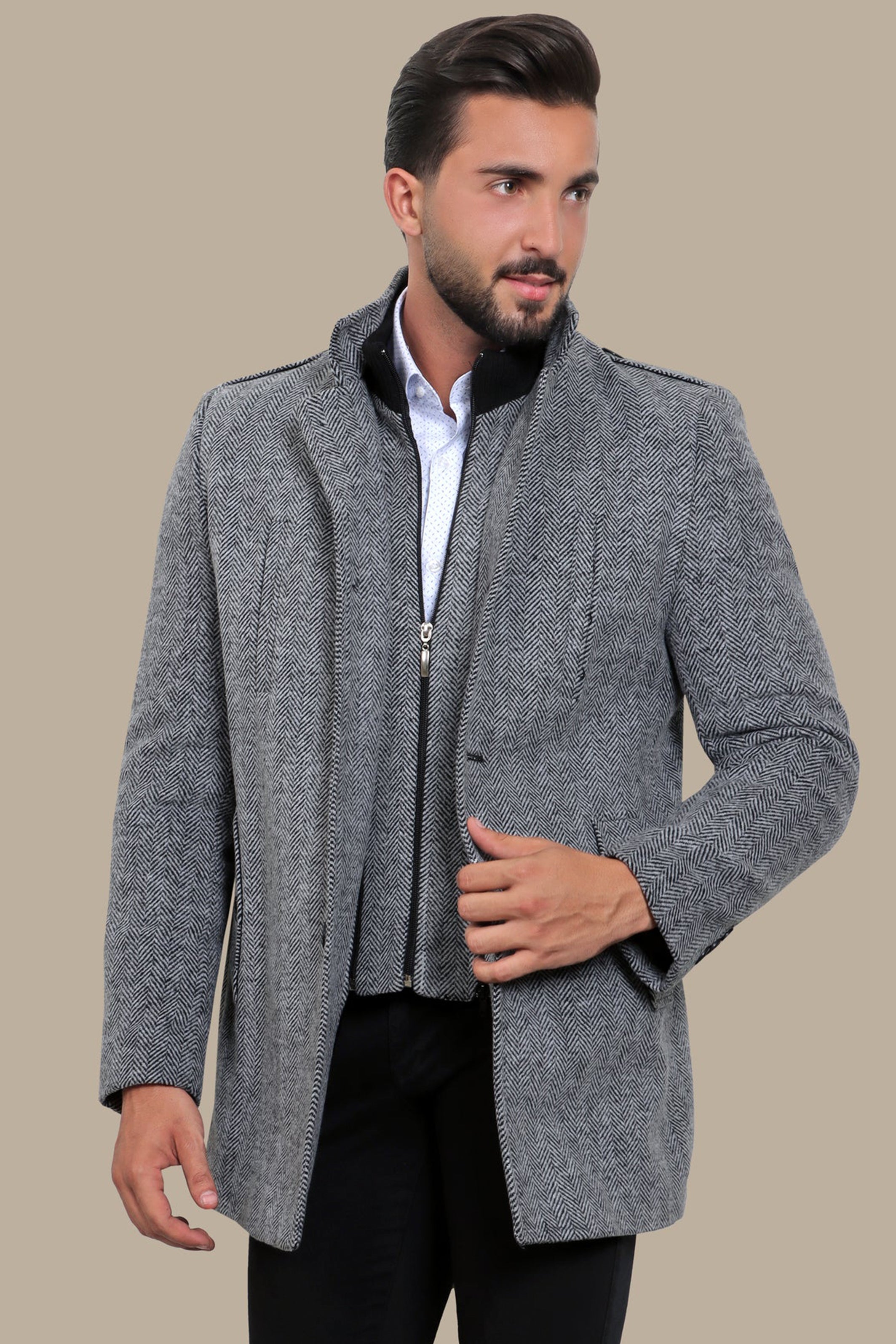 Coat Herringbone Col Mao | Light Gray