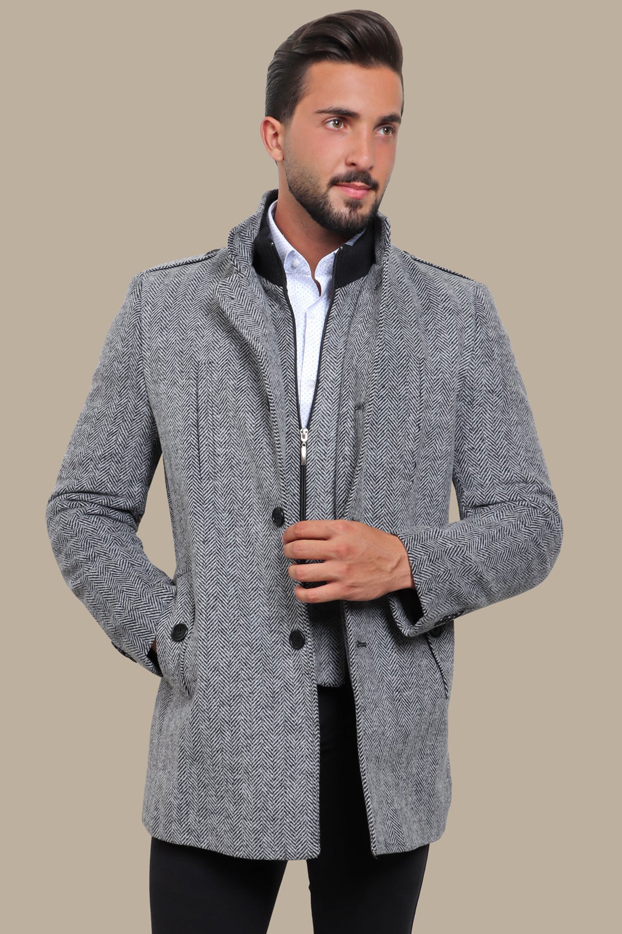 Coat Herringbone Col Mao | Light Gray