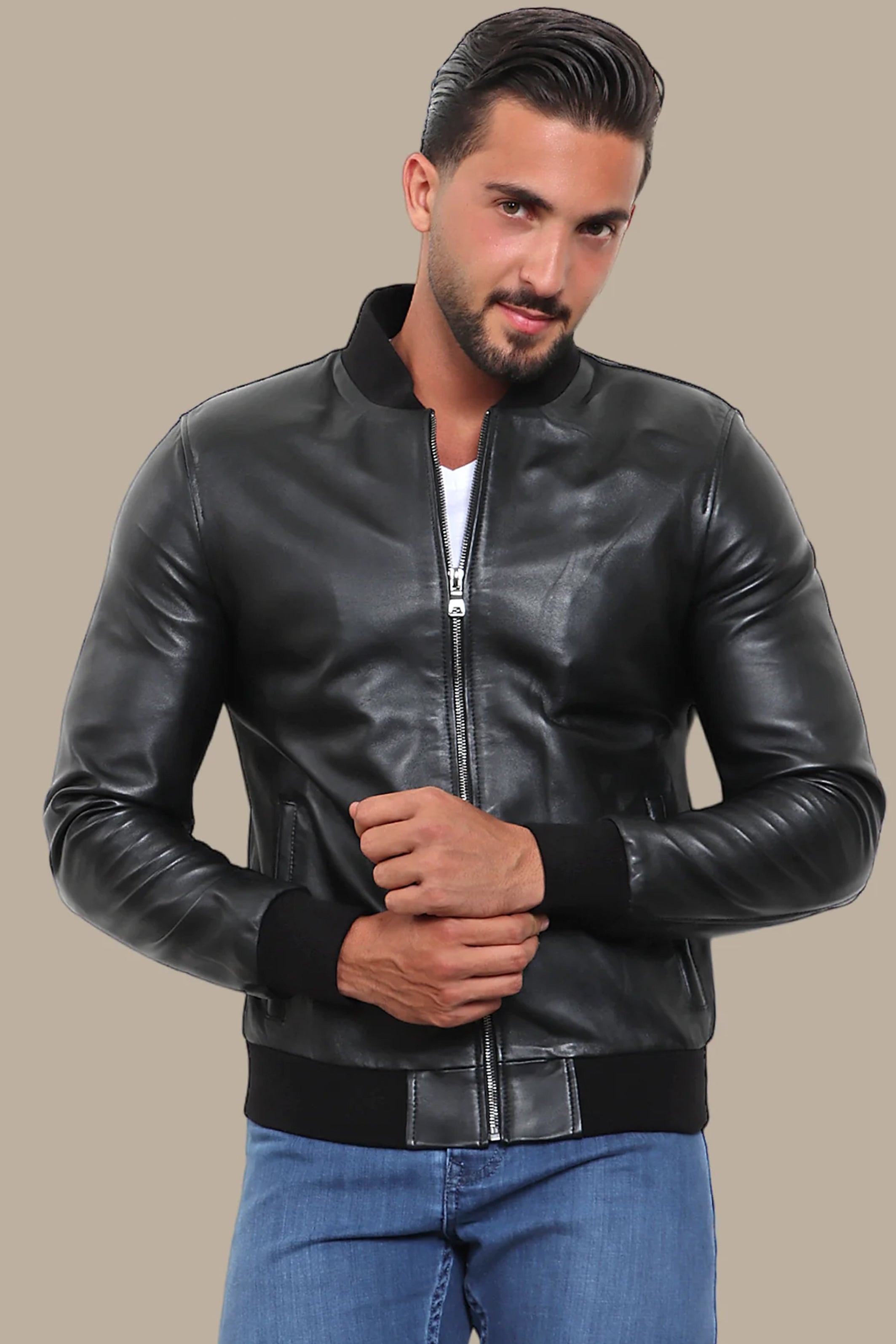 Black Basic Mao Collar Real Leather Jacket