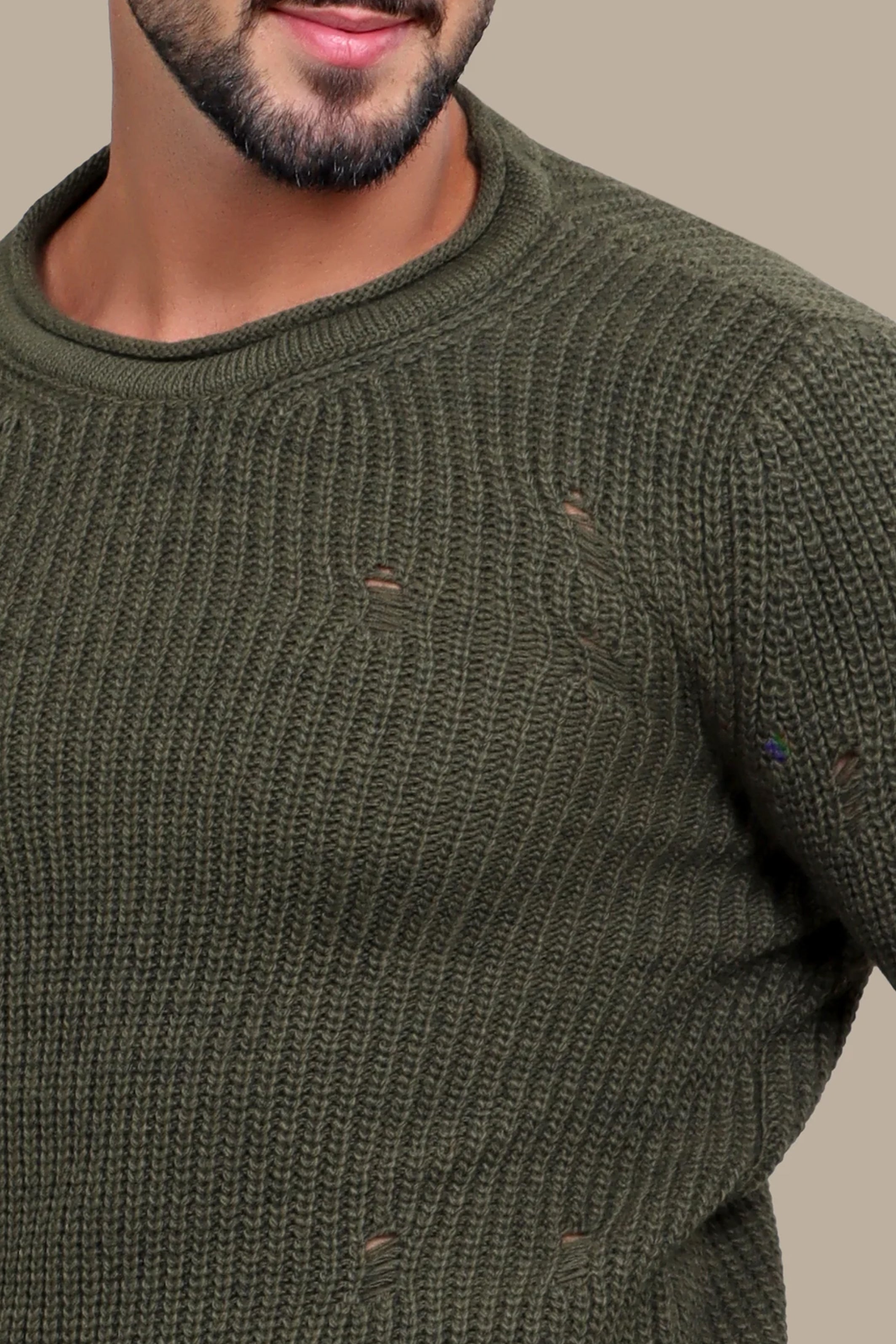 Khaki Knitted Damaged Sweater