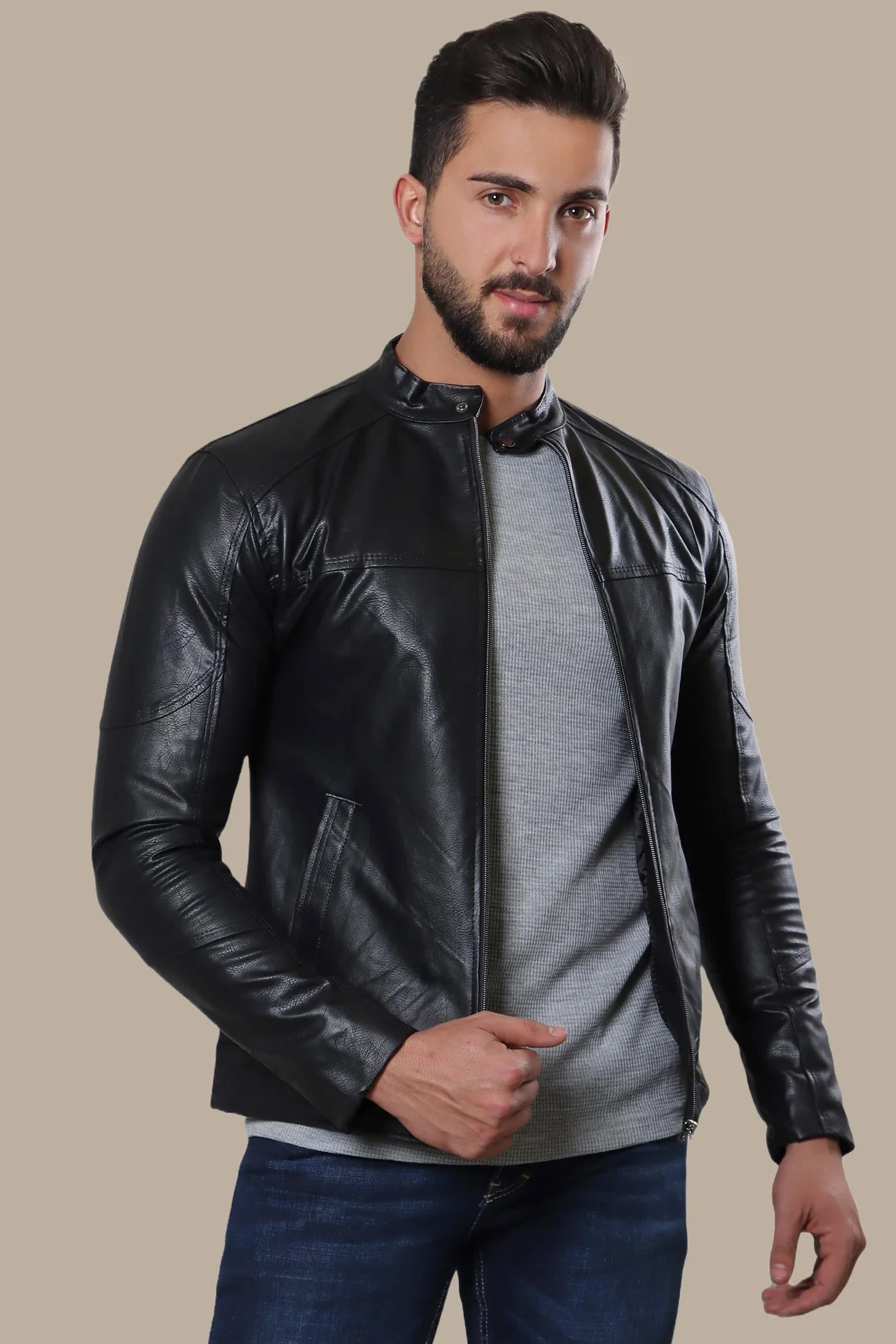 Jacket Faux Leather Basic Col Mao | Black