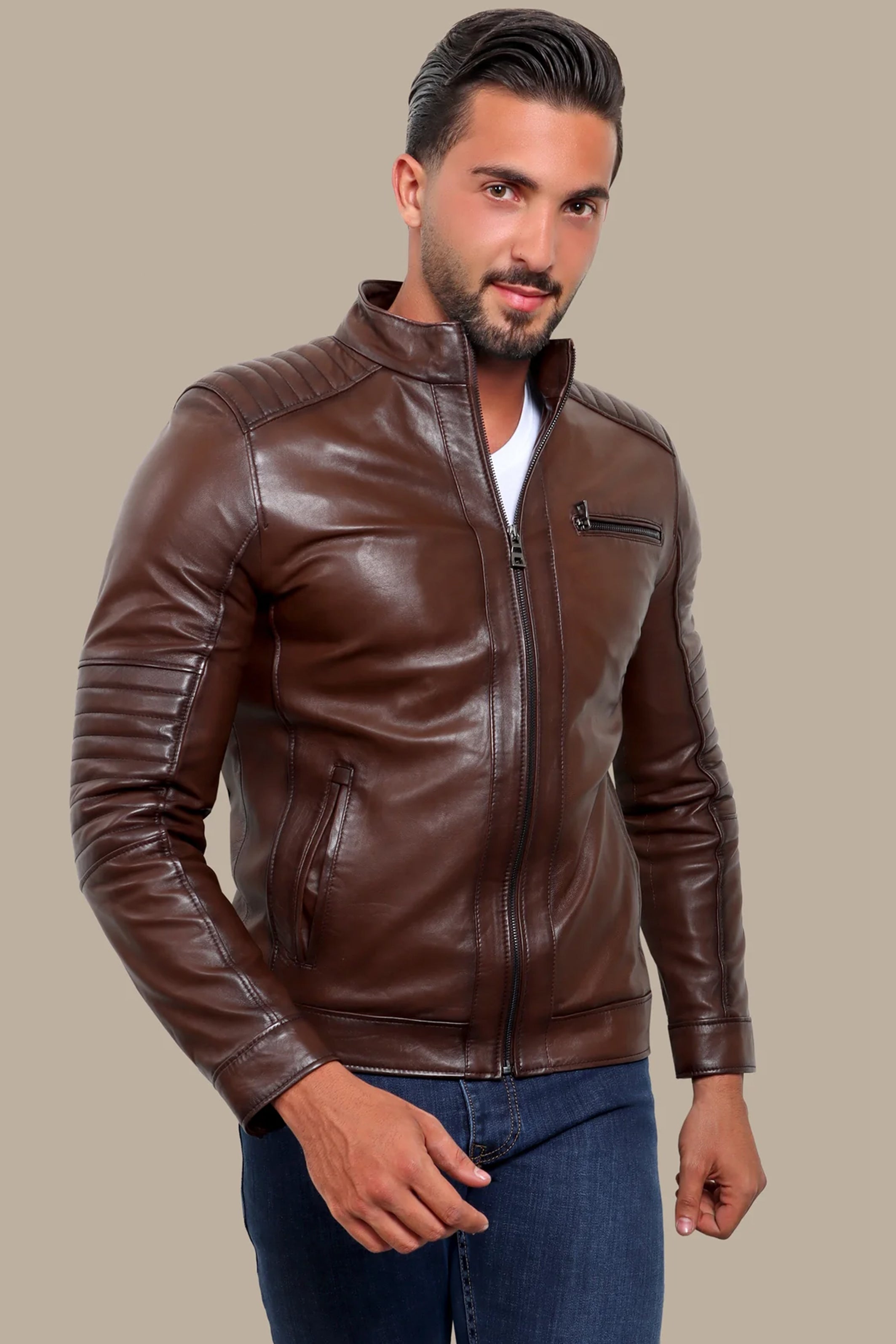 Brown Leather Mao Jacket with Triple Zipper Design