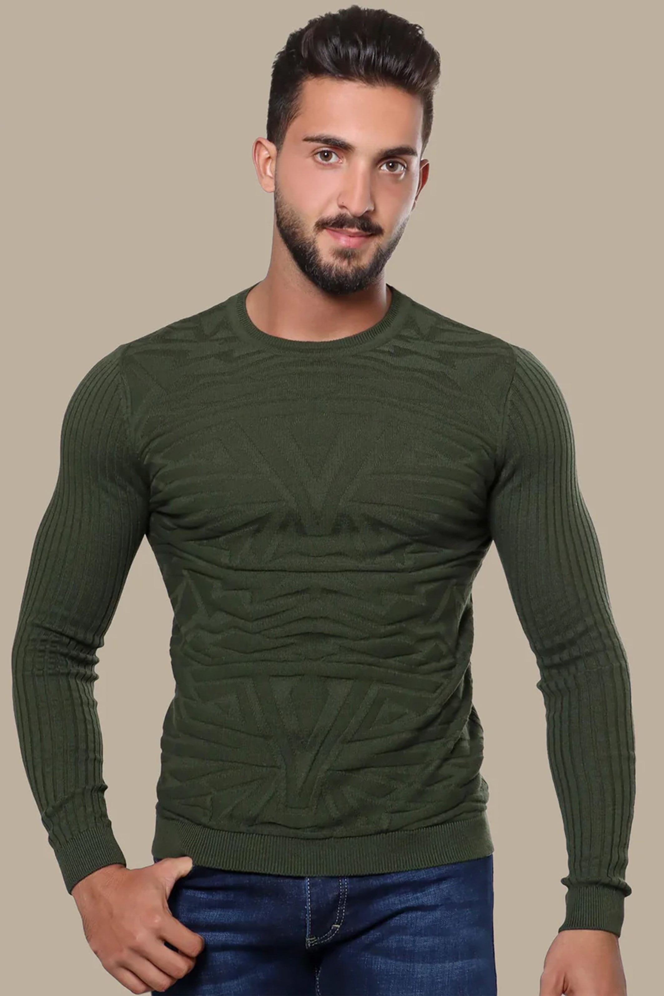 Sweater Jacquard R-Neck | Green