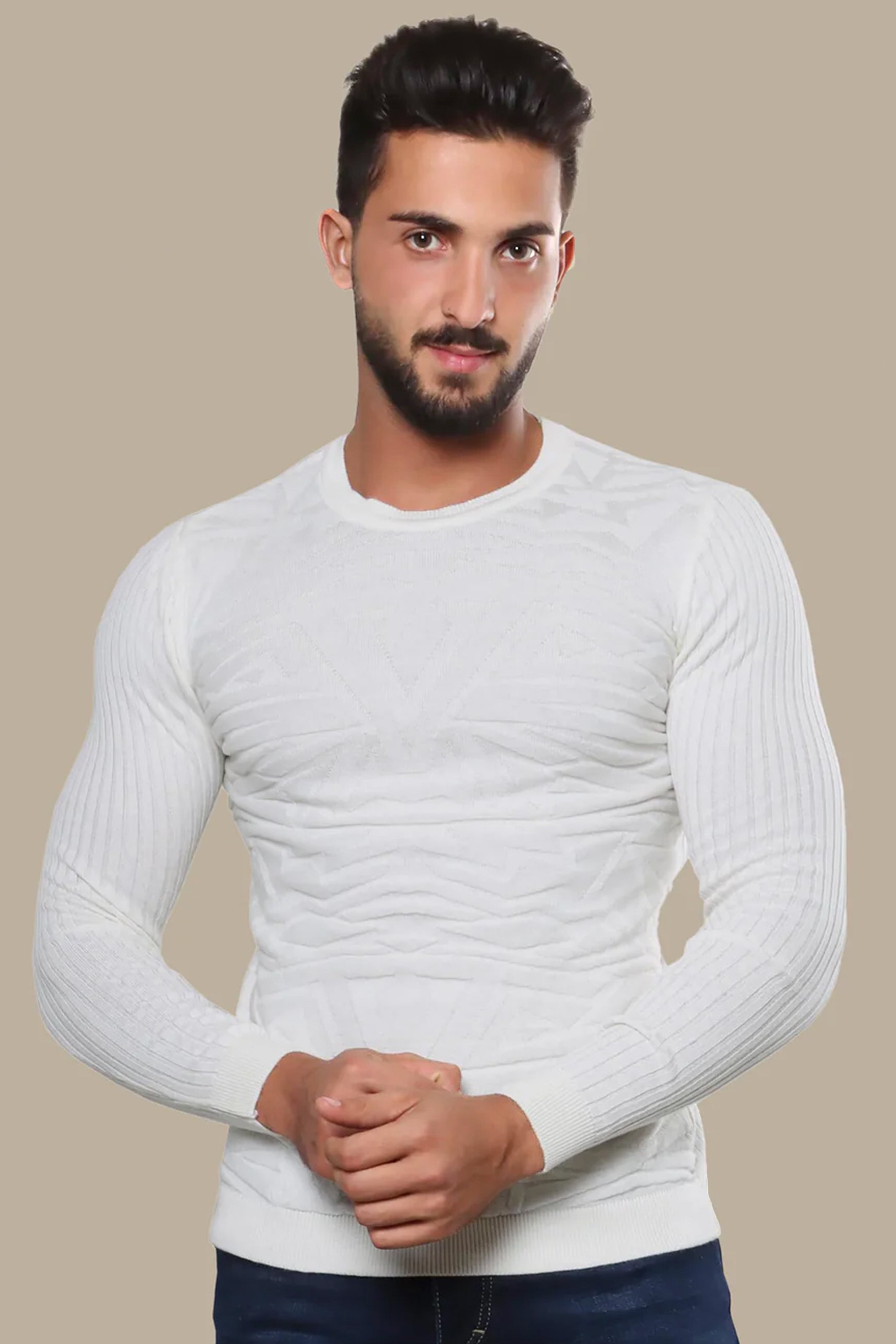 Sweater Jacquard R-Neck | White