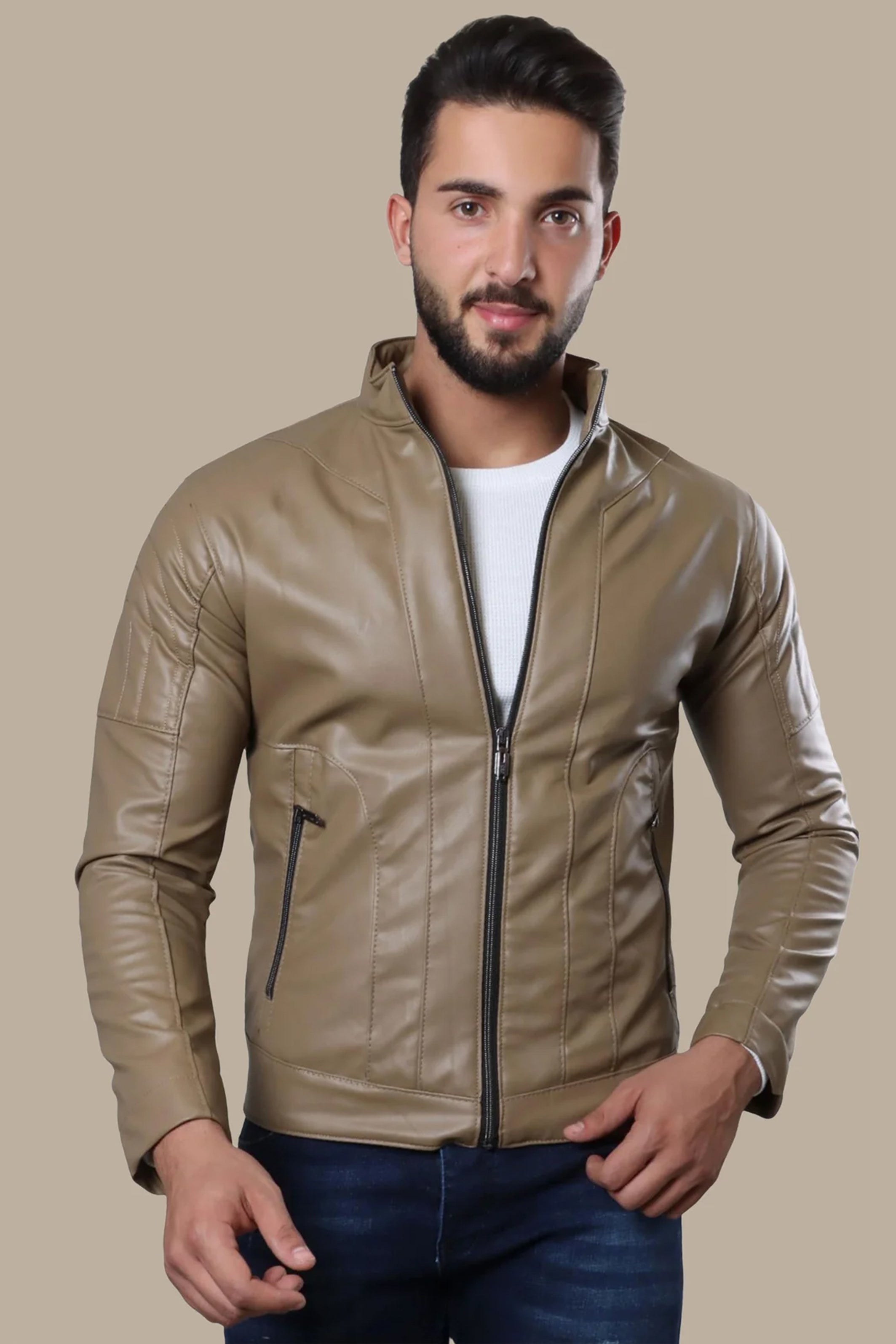 Jacket Faux Leather Col Mao Rider | Beige