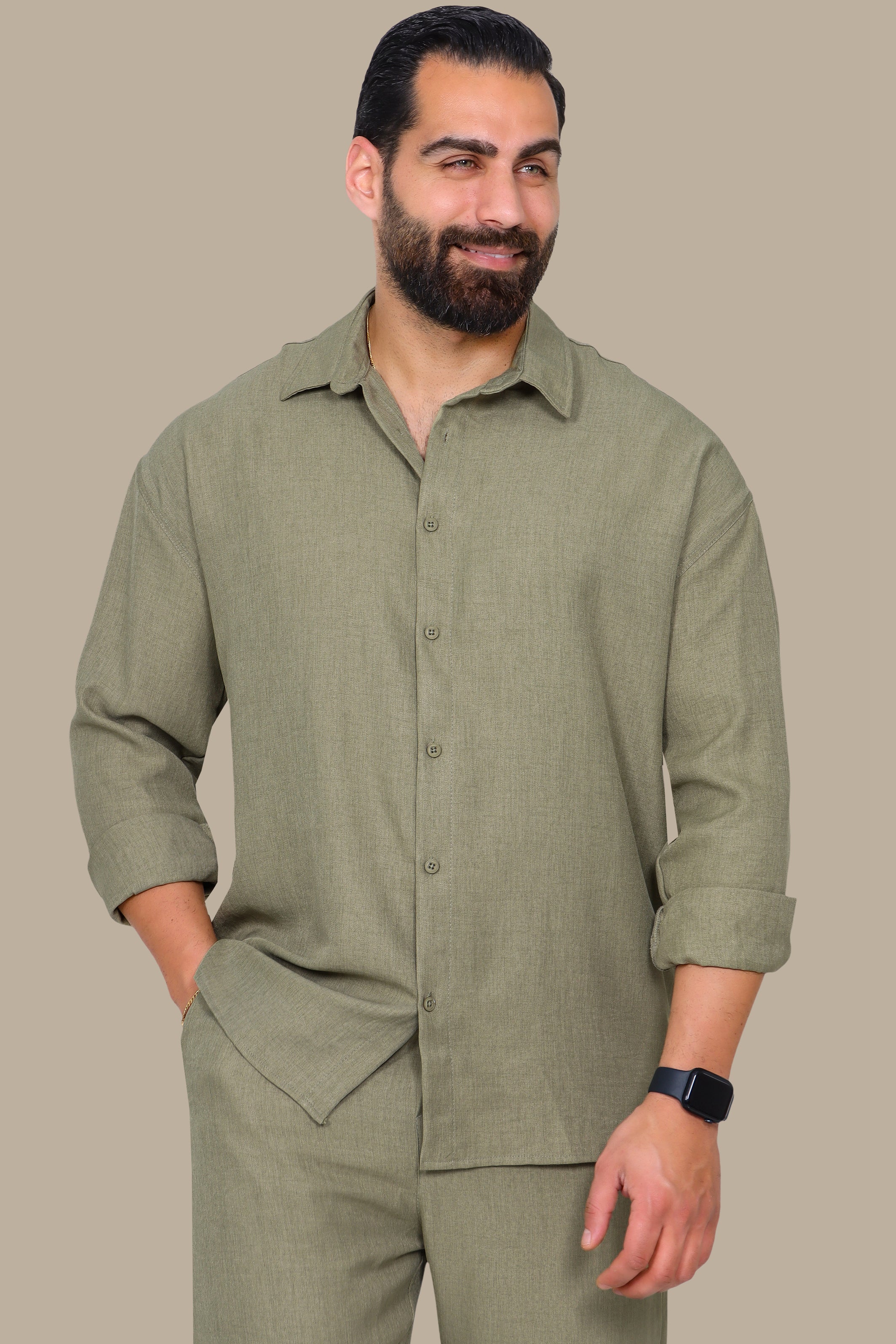 Olive Linen Fil à Fil Oversized Shirt