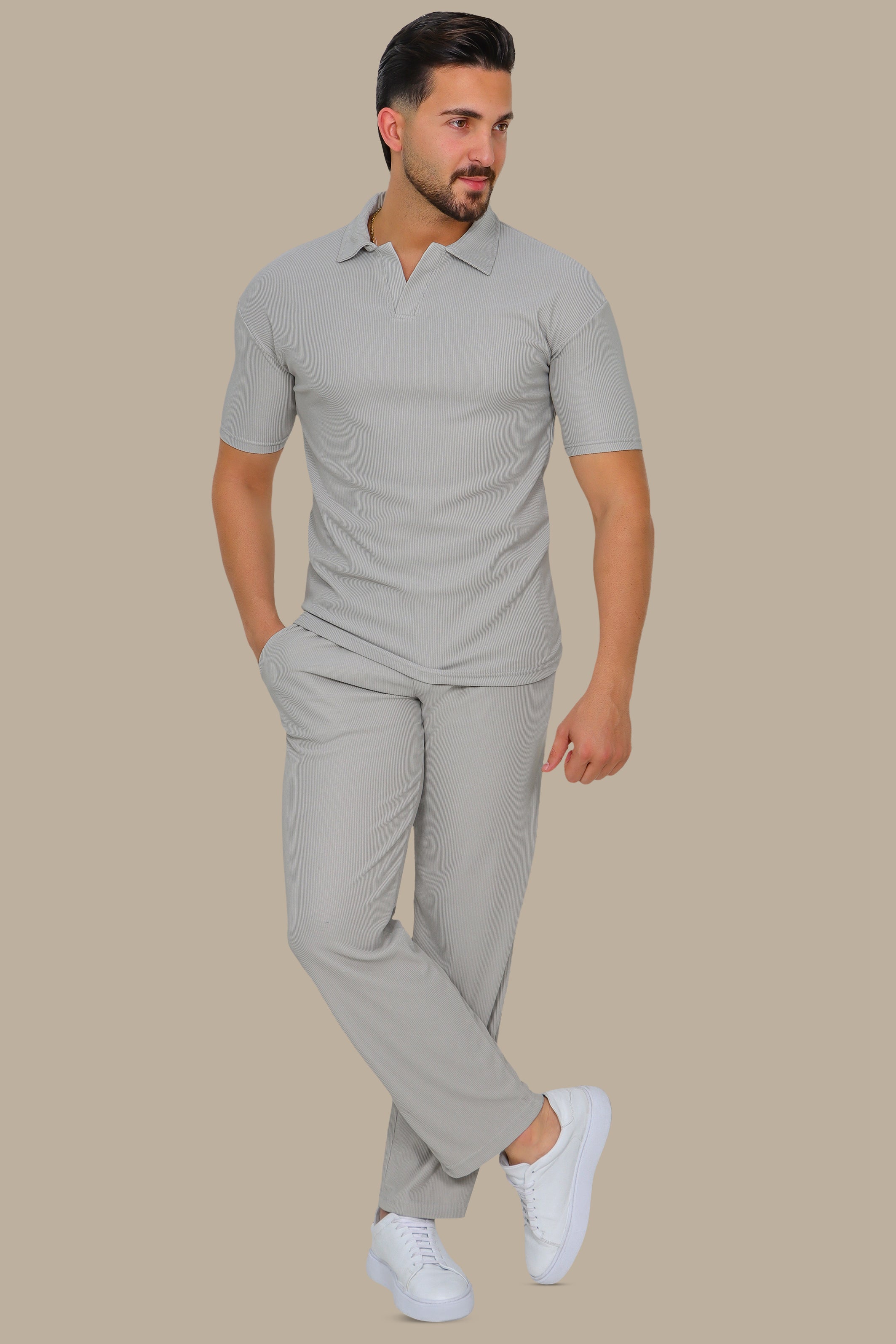 Grey Ribbed Plain Polo Shirt