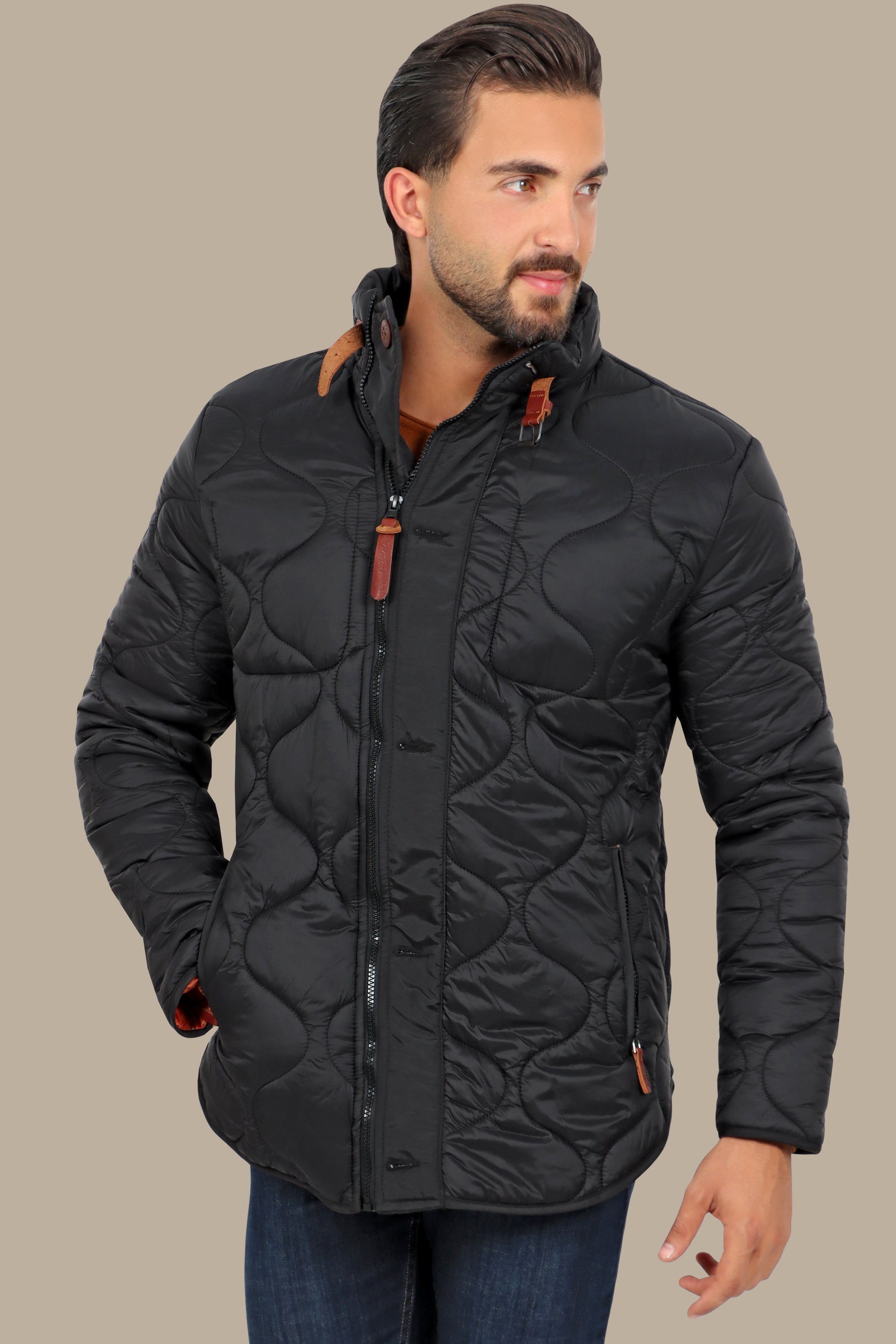 Black Quilted Puffer Jacket with Refined Detailing