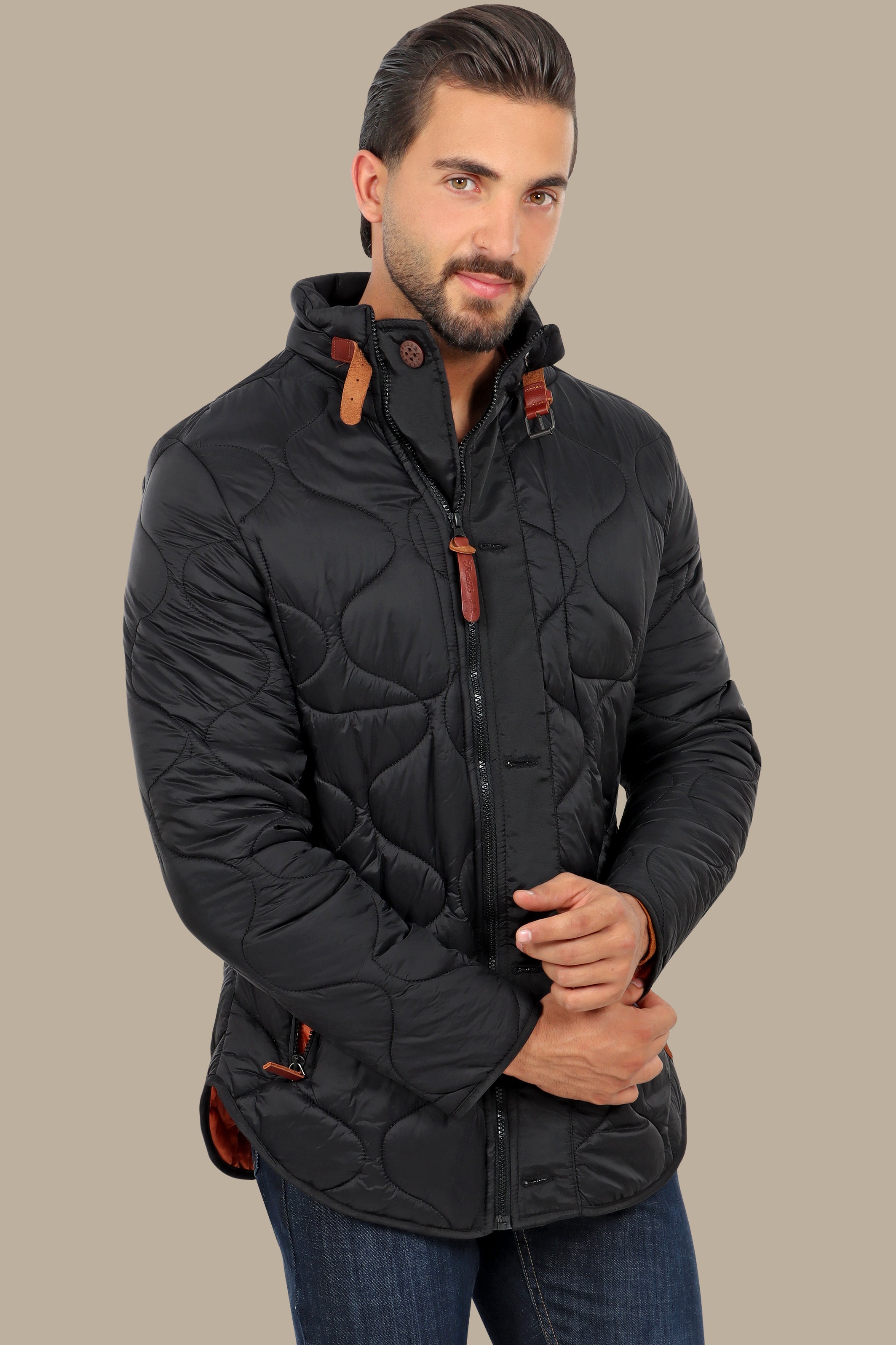 Black Quilted Puffer Jacket with Refined Detailing