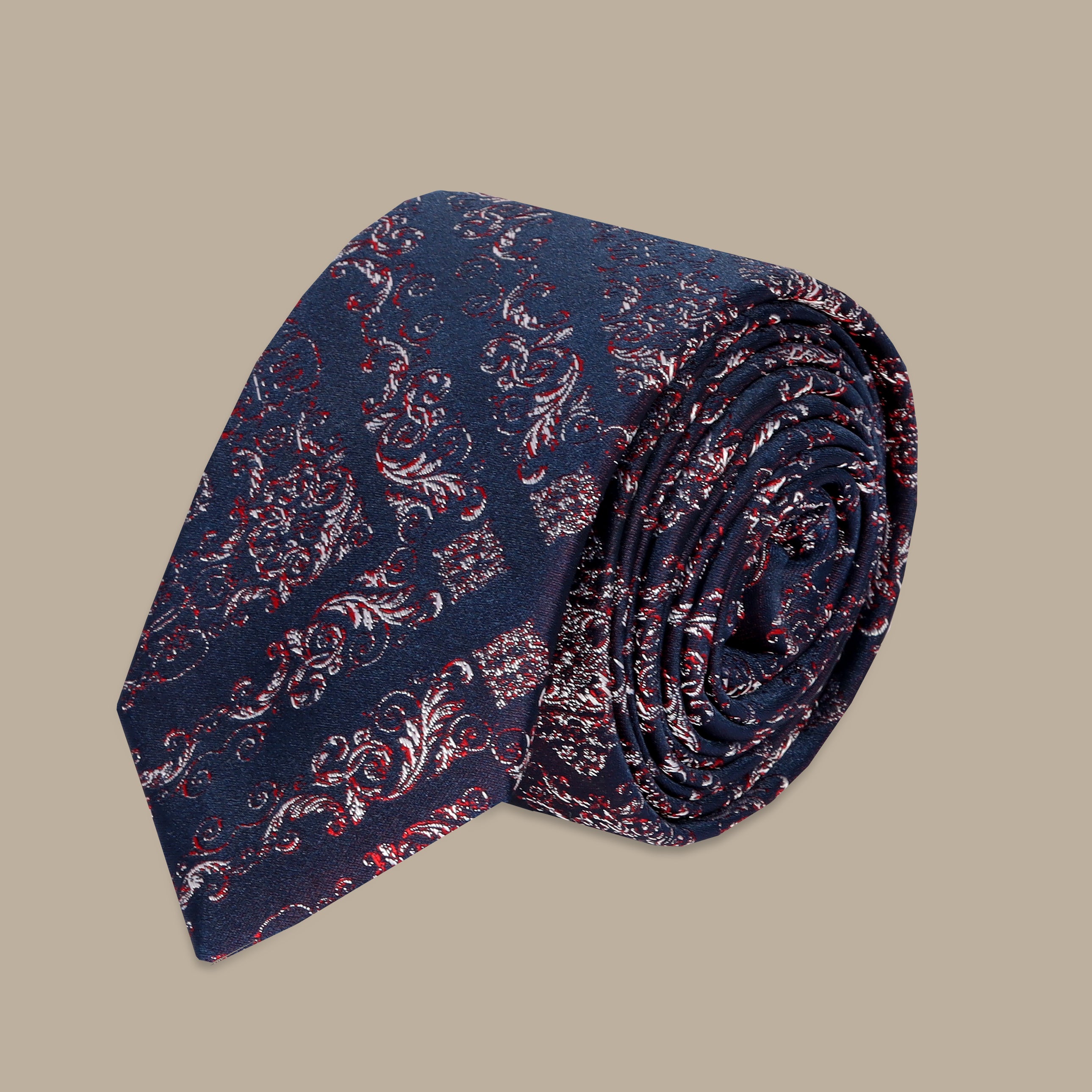 Navy Tie Set with Vertical Red Leaf Print