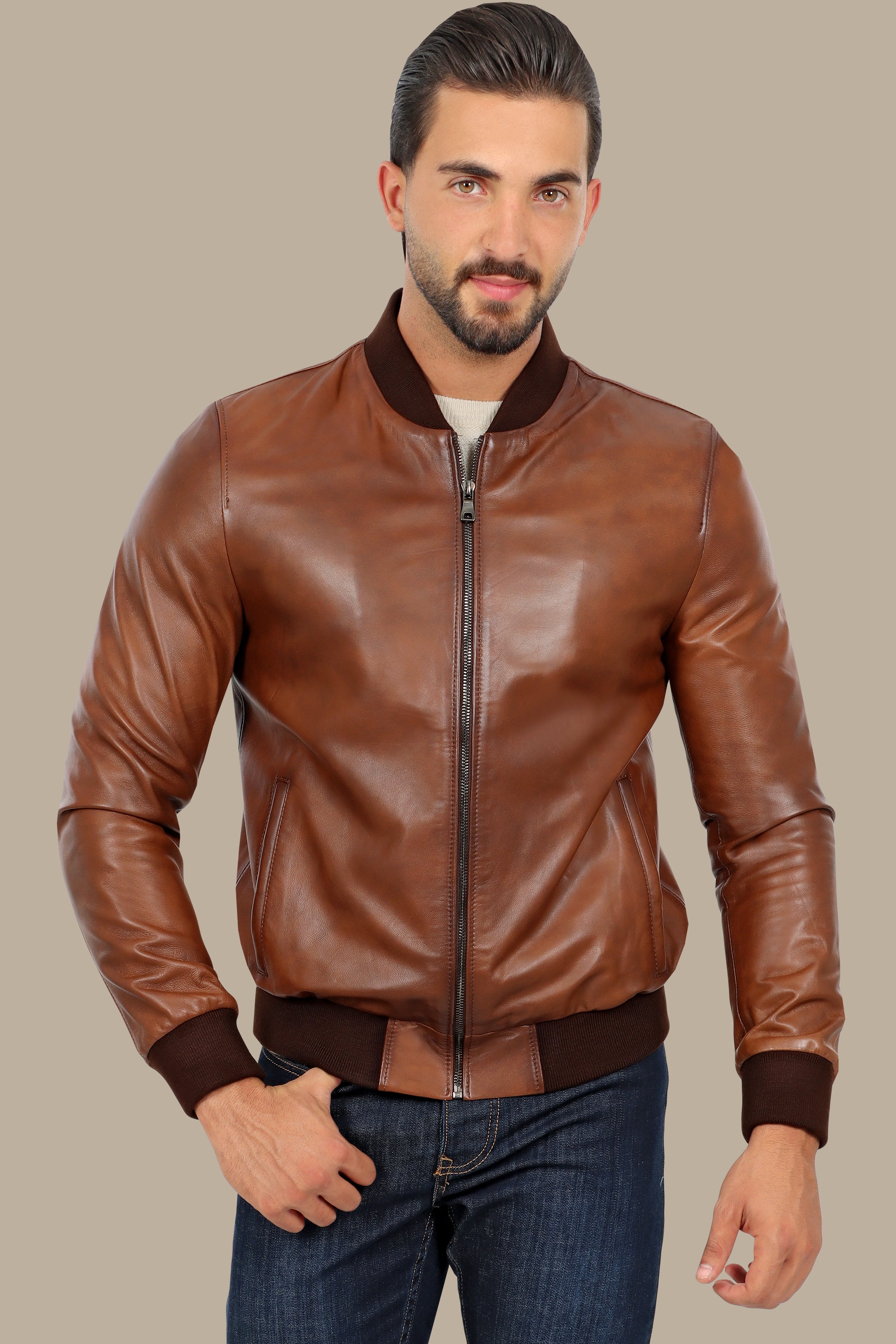 Havane Basic Mao Collar Real Leather Jacket