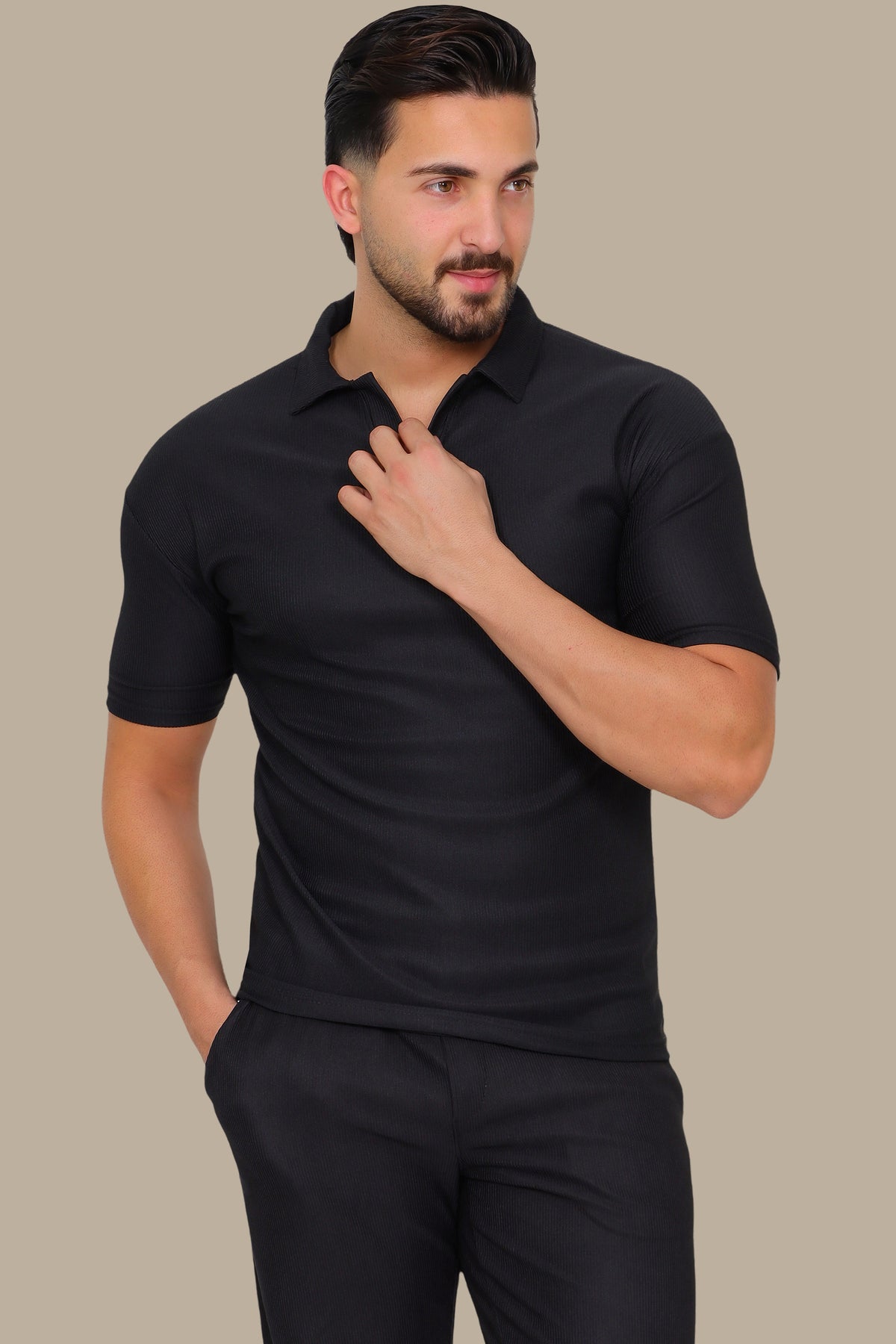 Black Ribbed Plain Polo Shirt