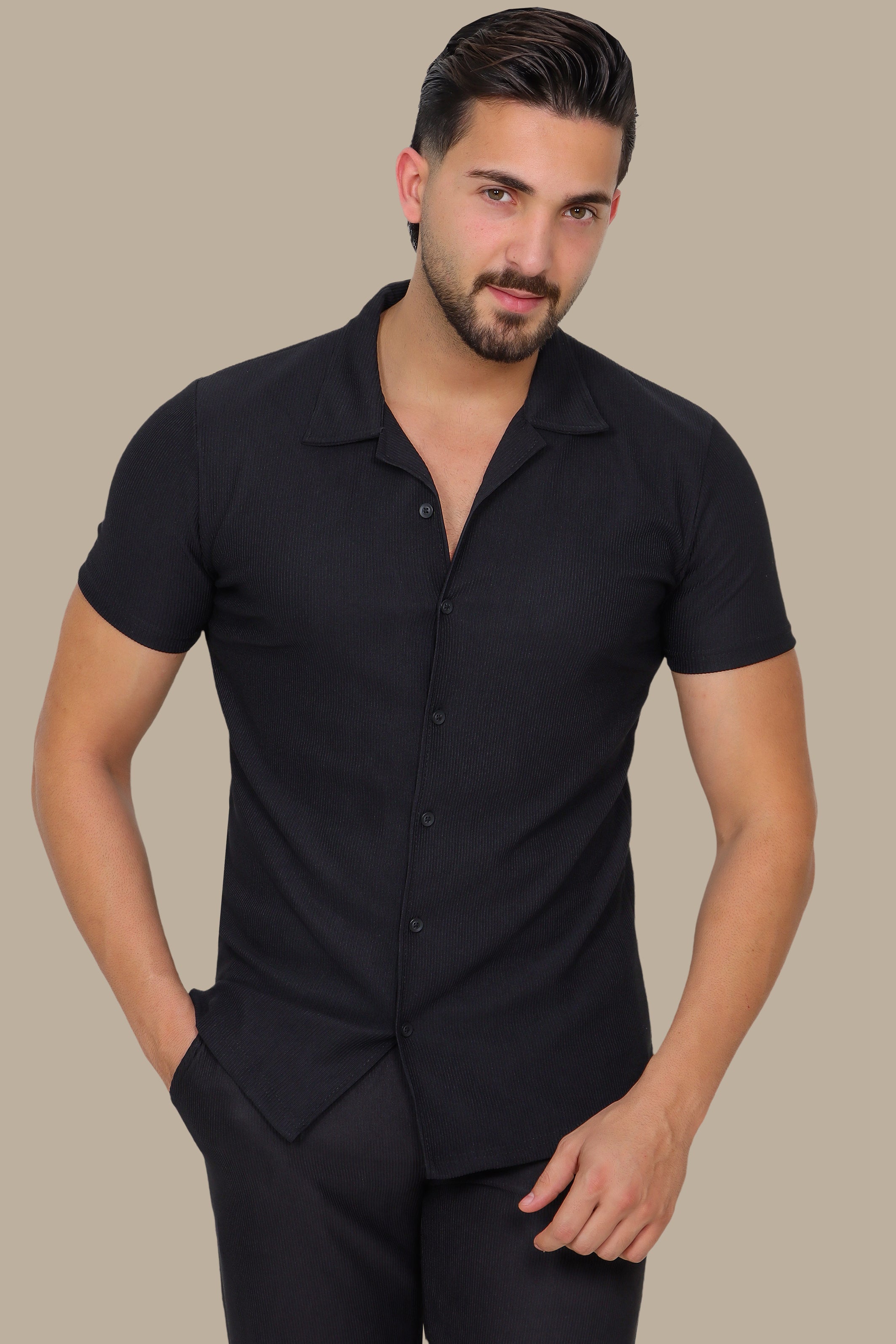 Black Ribbed Plain Shirt