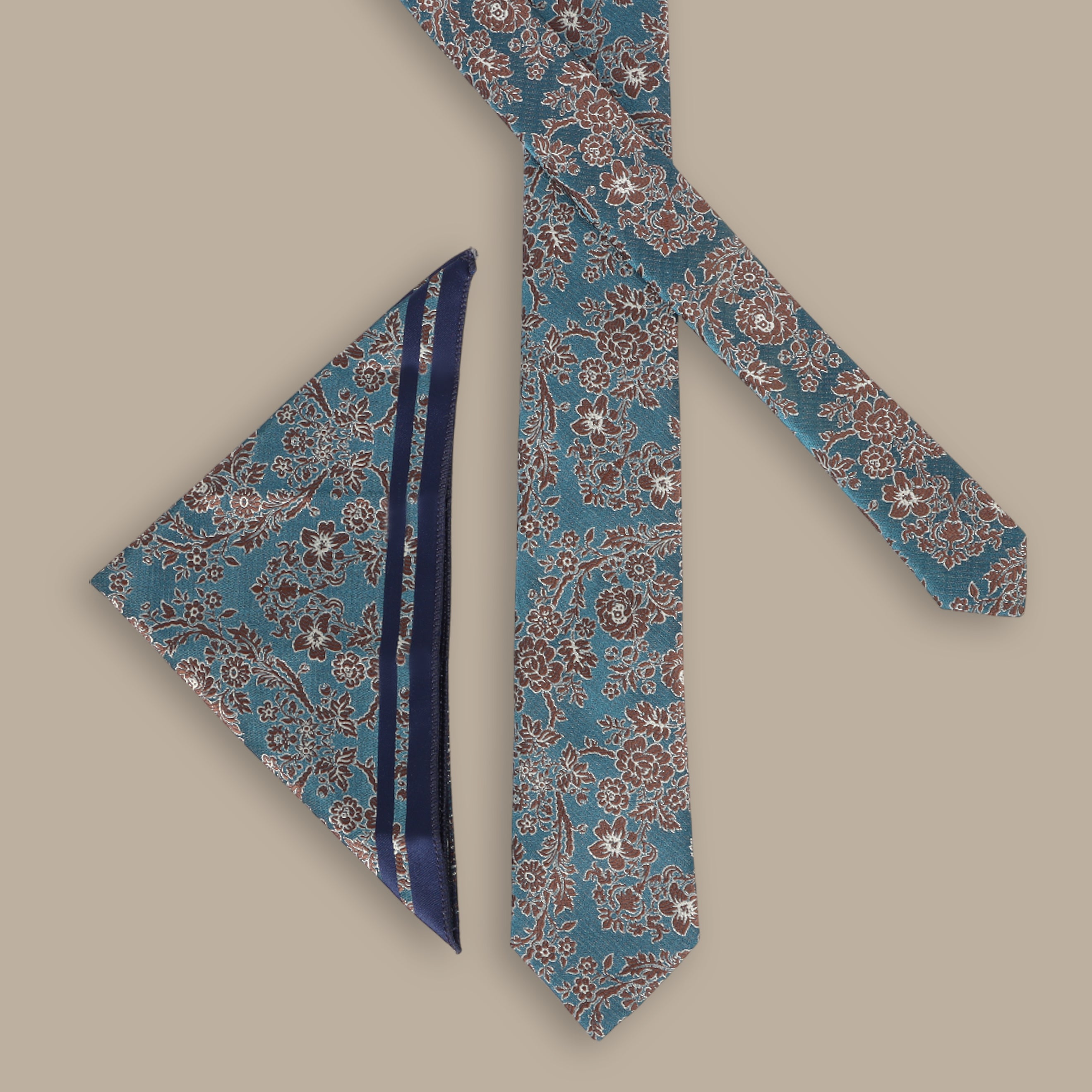 Blue Tie Set with Vertical Red Leaves Print