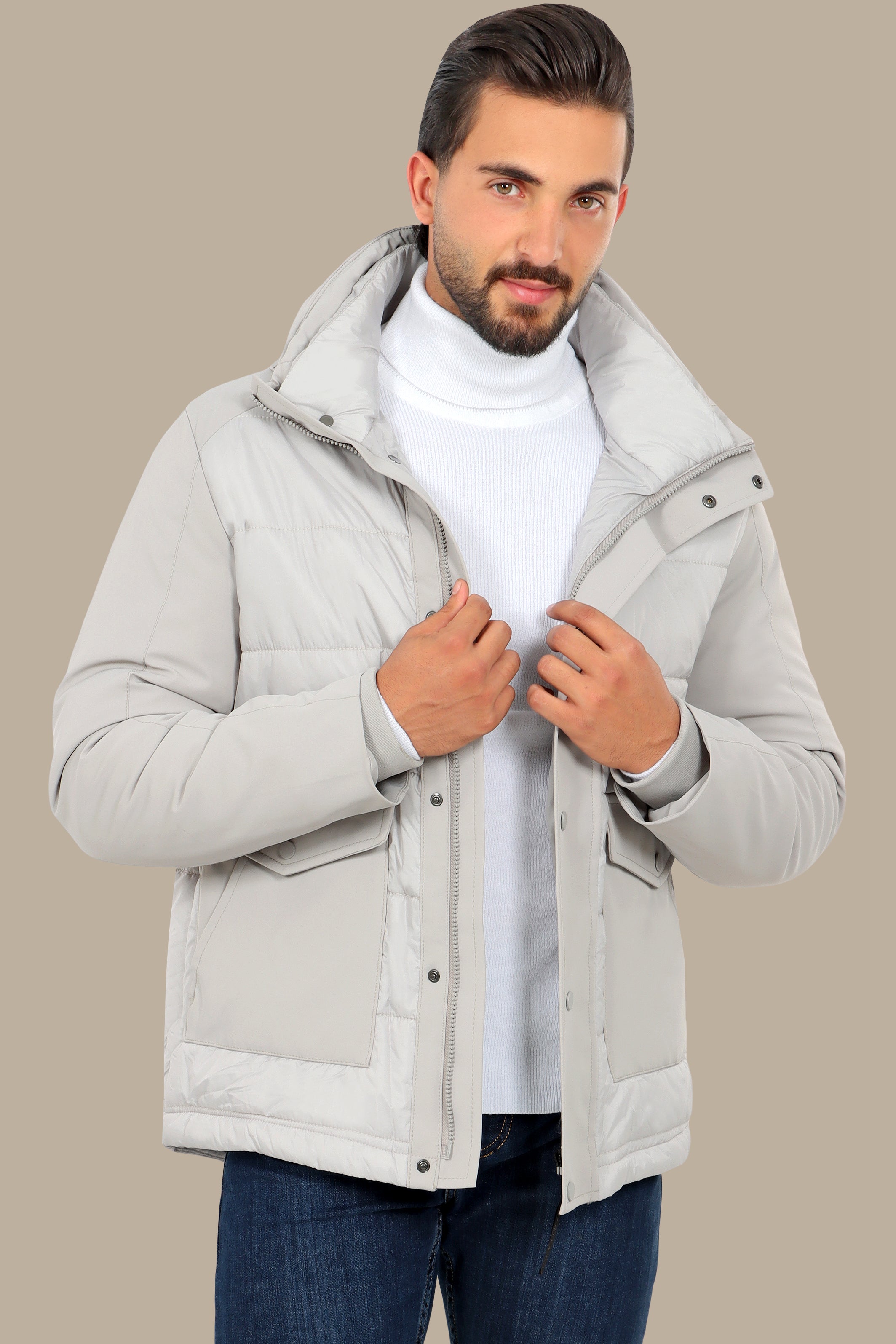 Light Gray Wind Breaker: Stay Stylish and Functional with Two Spacious Pockets