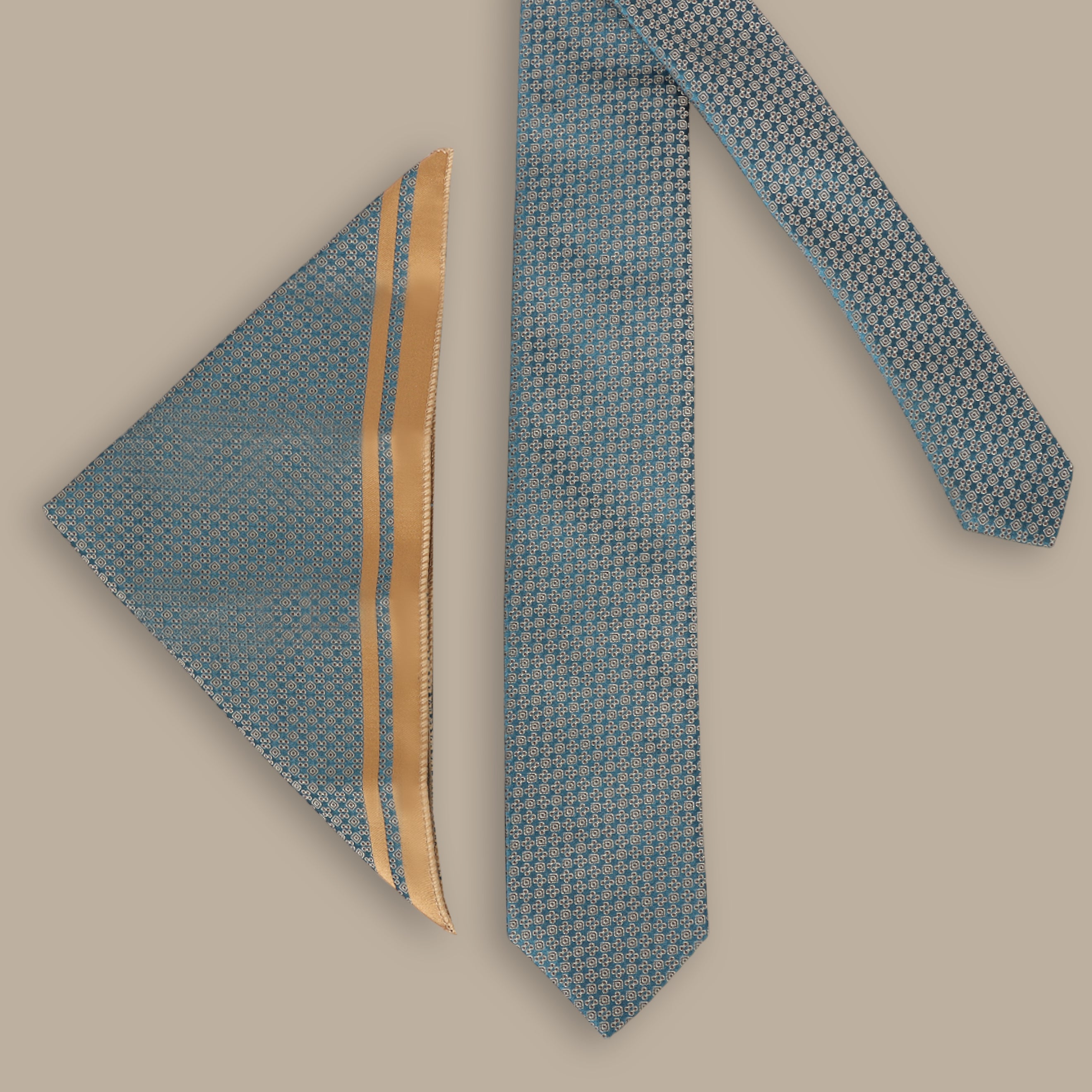 Petrol Tie Set with Flower and Square Pattern