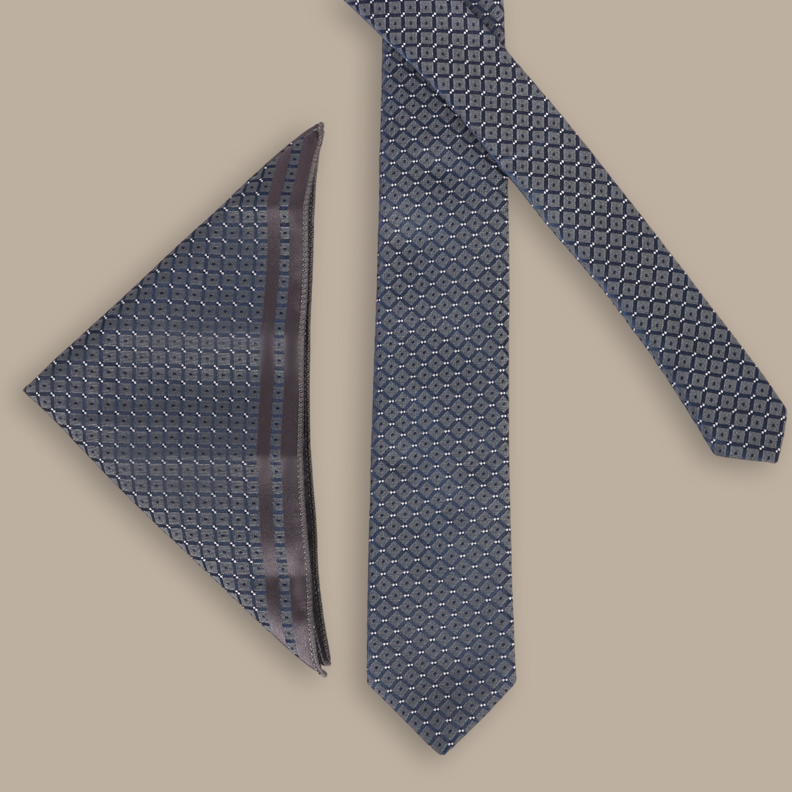 Navy Tie Set with Square Pattern