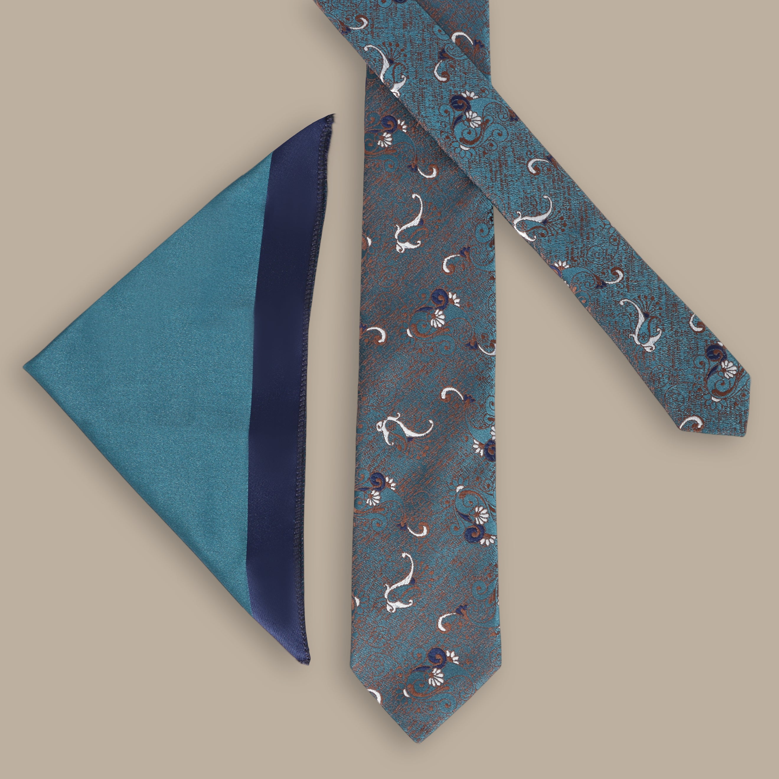 Blue Tie Set with Brocade Cashmere Print