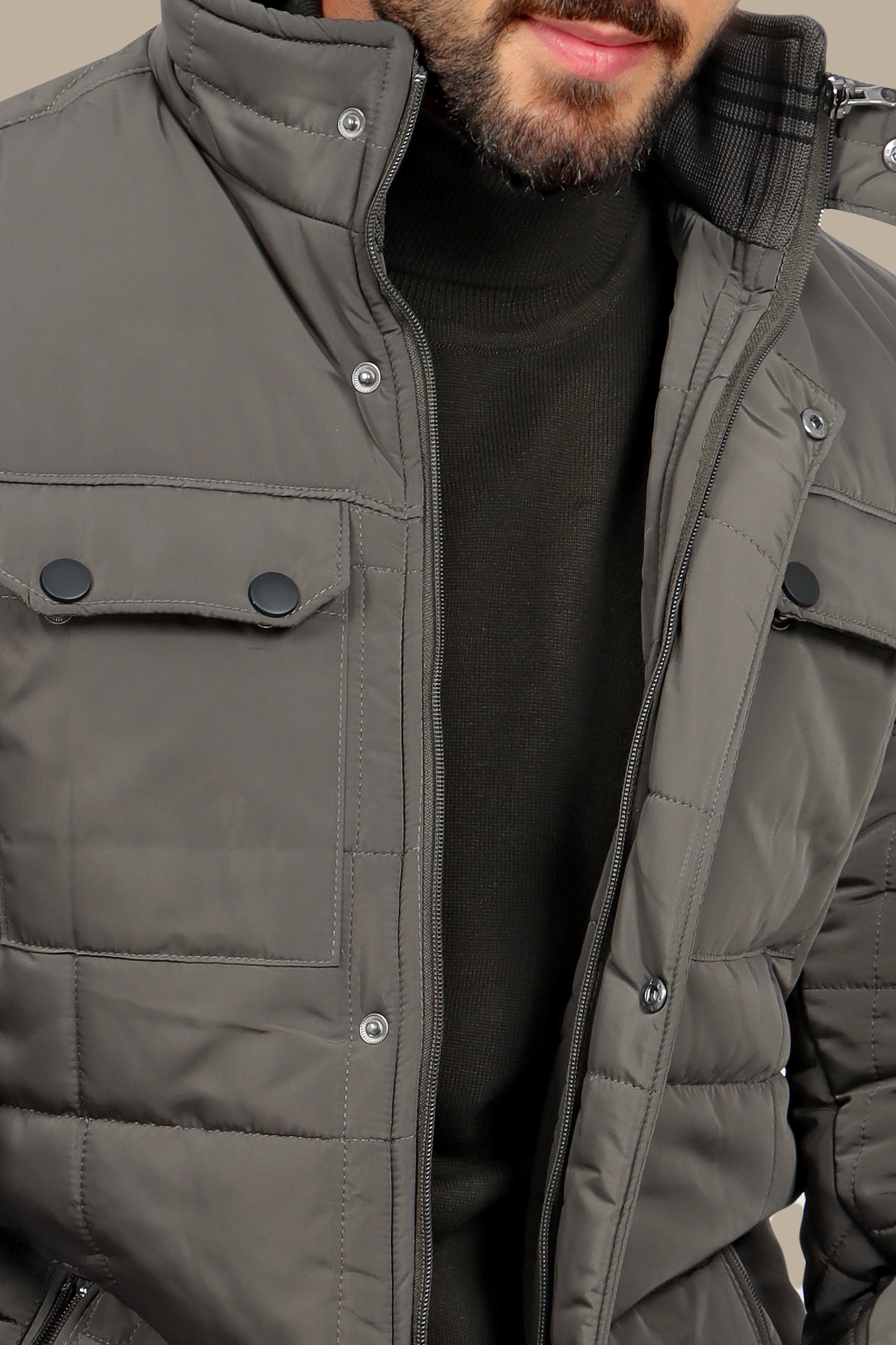 Khaki Quilt: Puffer Jacket with Flap Pockets for Urban Chic