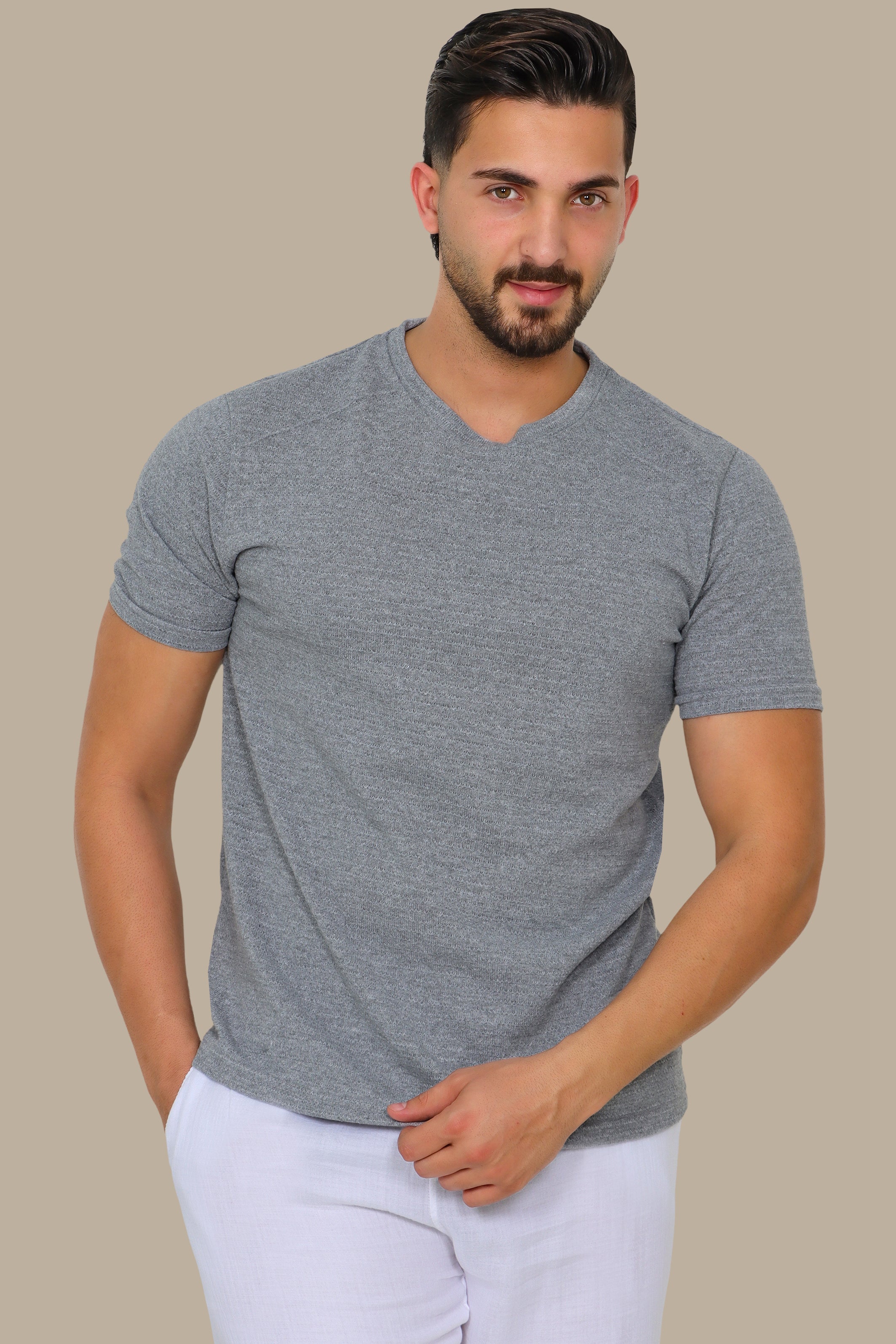 Grey Horizontal Ribbed Shoulder-Cut T-Shirt