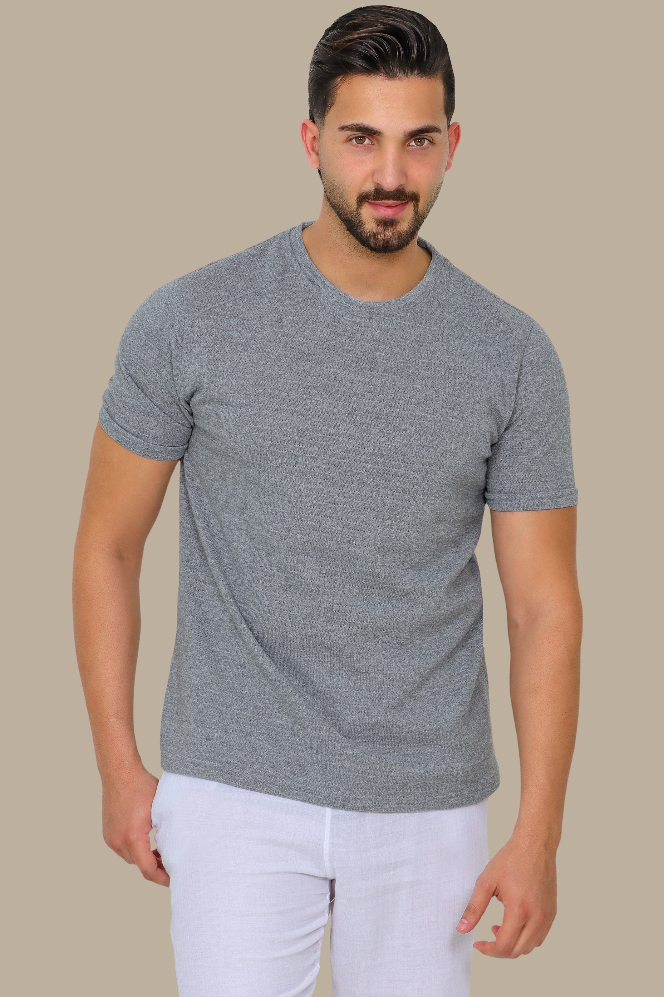 Grey Horizontal Ribbed Shoulder-Cut T-Shirt