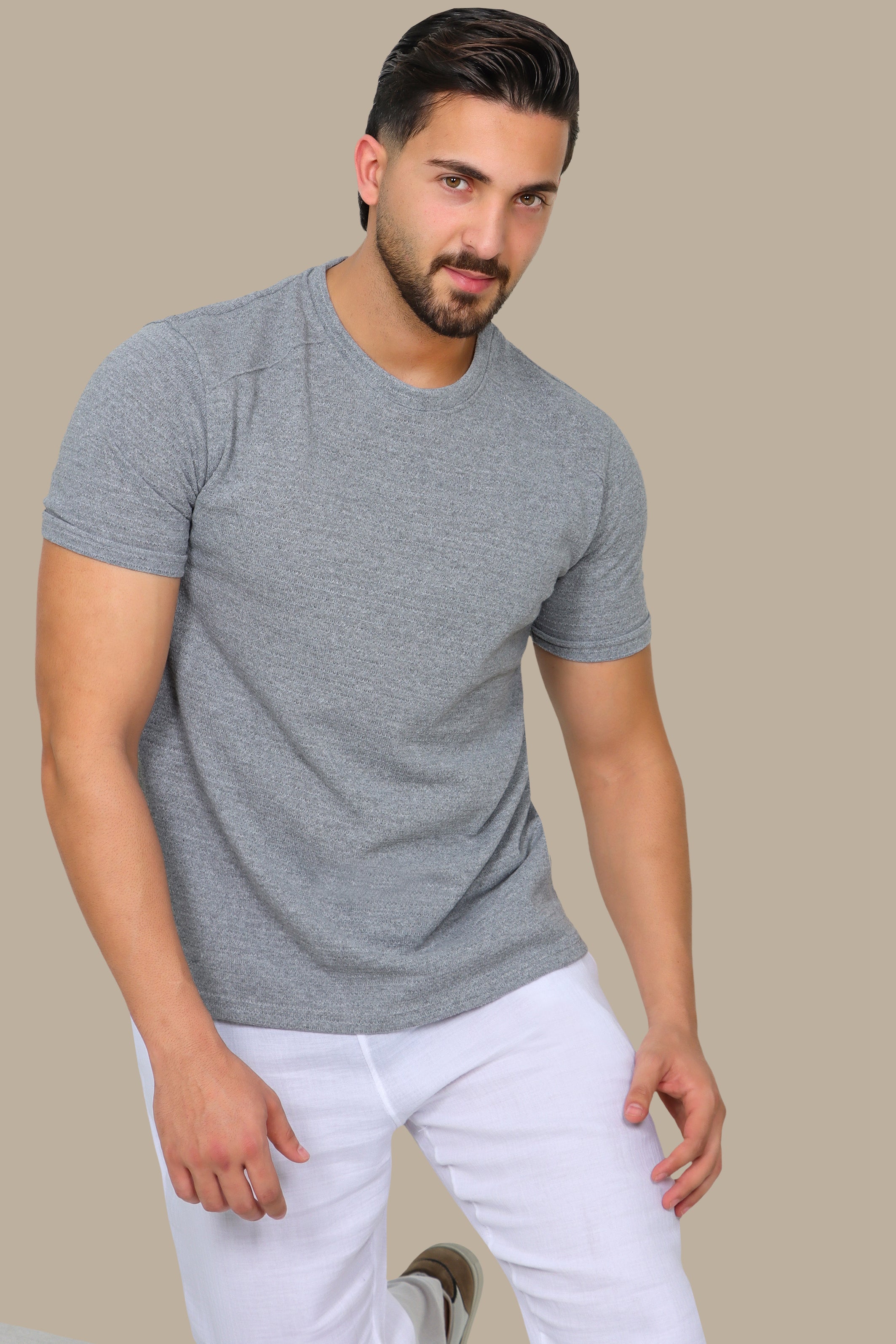 Grey Horizontal Ribbed Shoulder-Cut T-Shirt