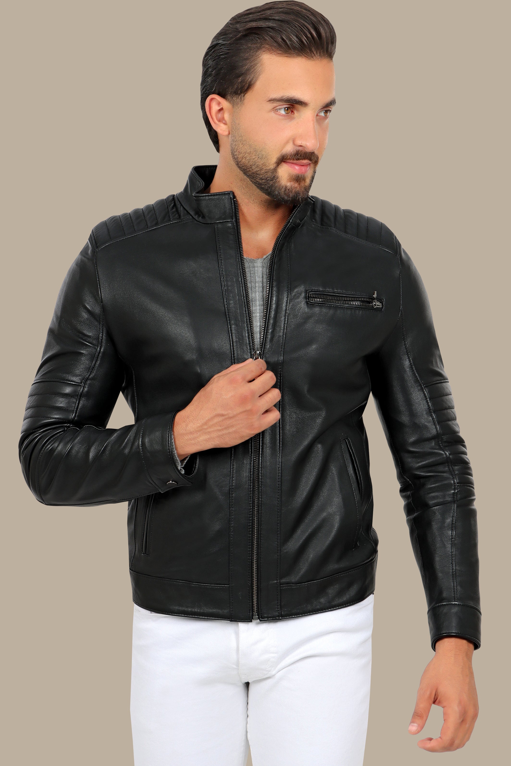 Black Leather Jacket with Mao Collar and Triple Zipper Design