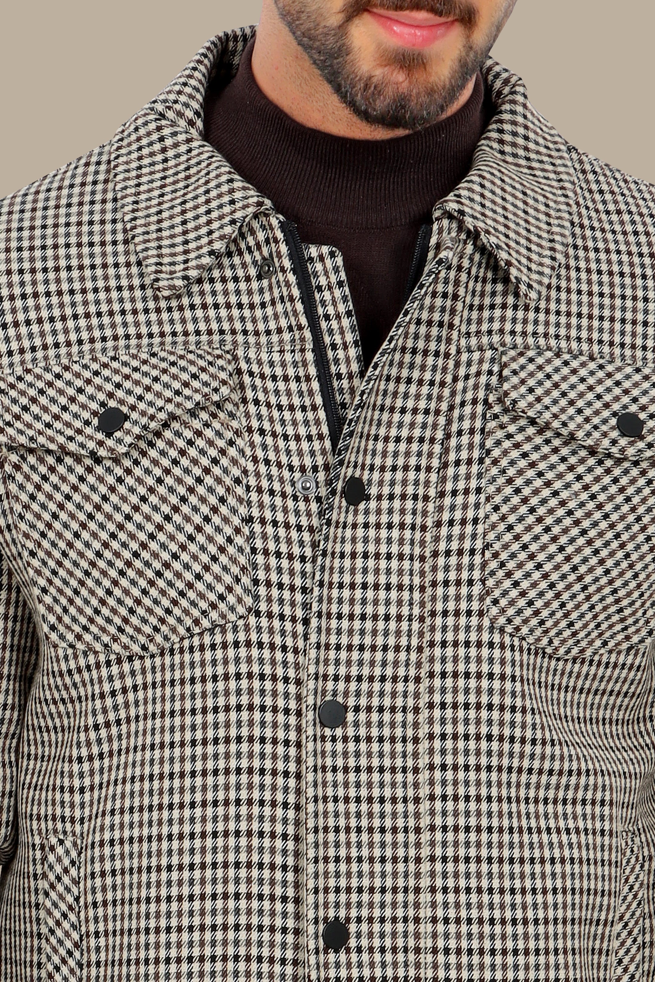 Brown Gingham Chic: A Jacket with Two Flap Pockets