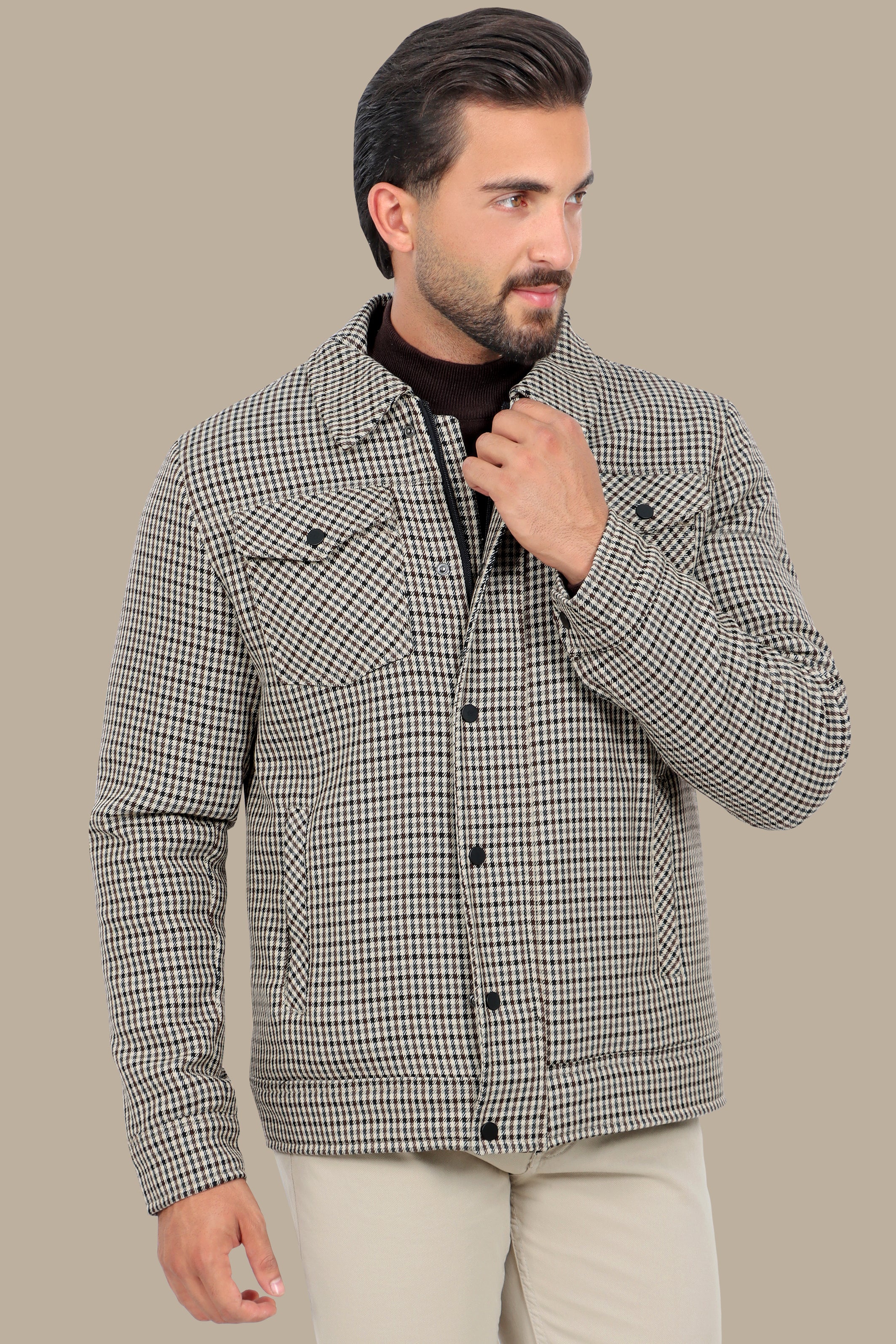 Brown Gingham Chic: A Jacket with Two Flap Pockets