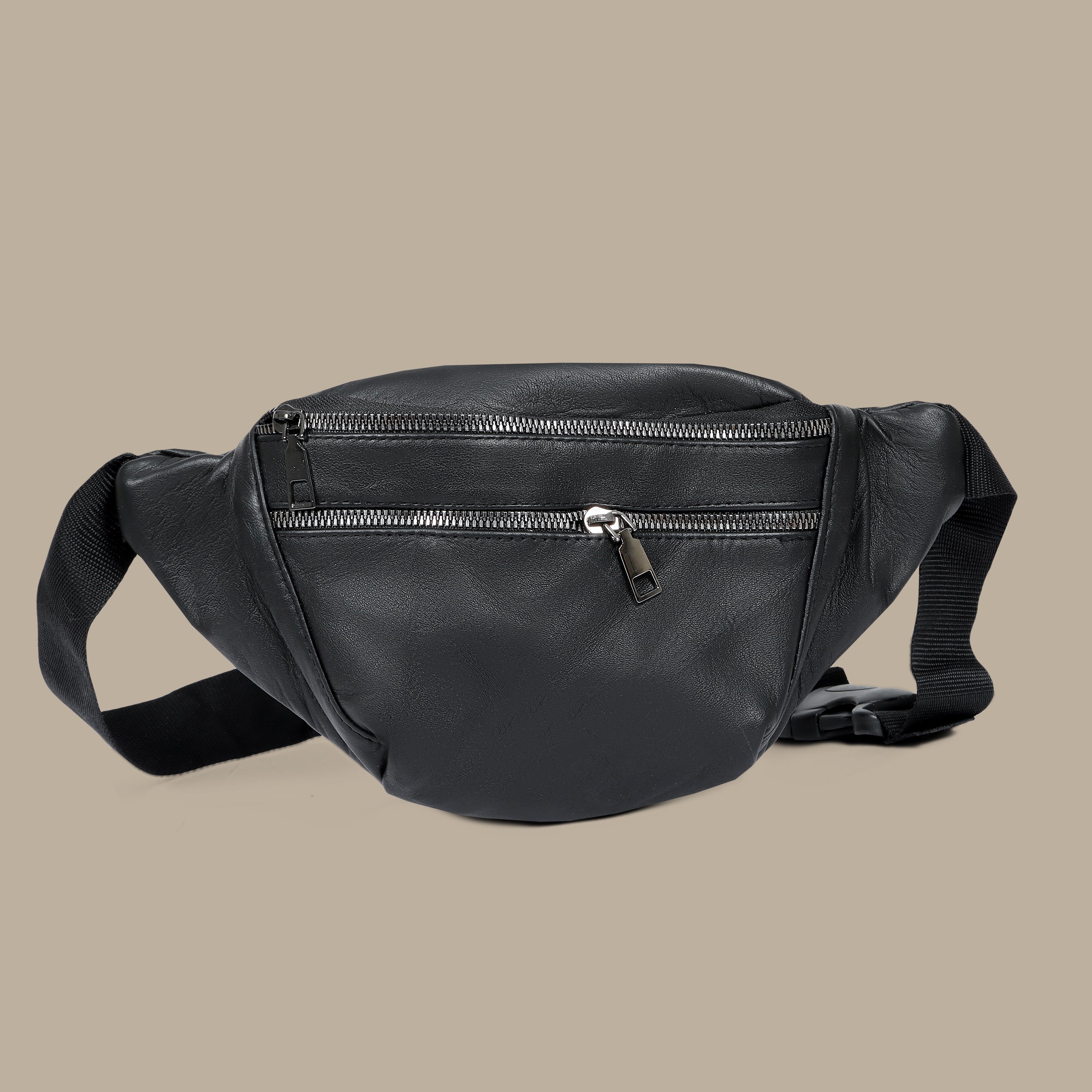 Black Shoulder Banana Bag with 3 Zippers