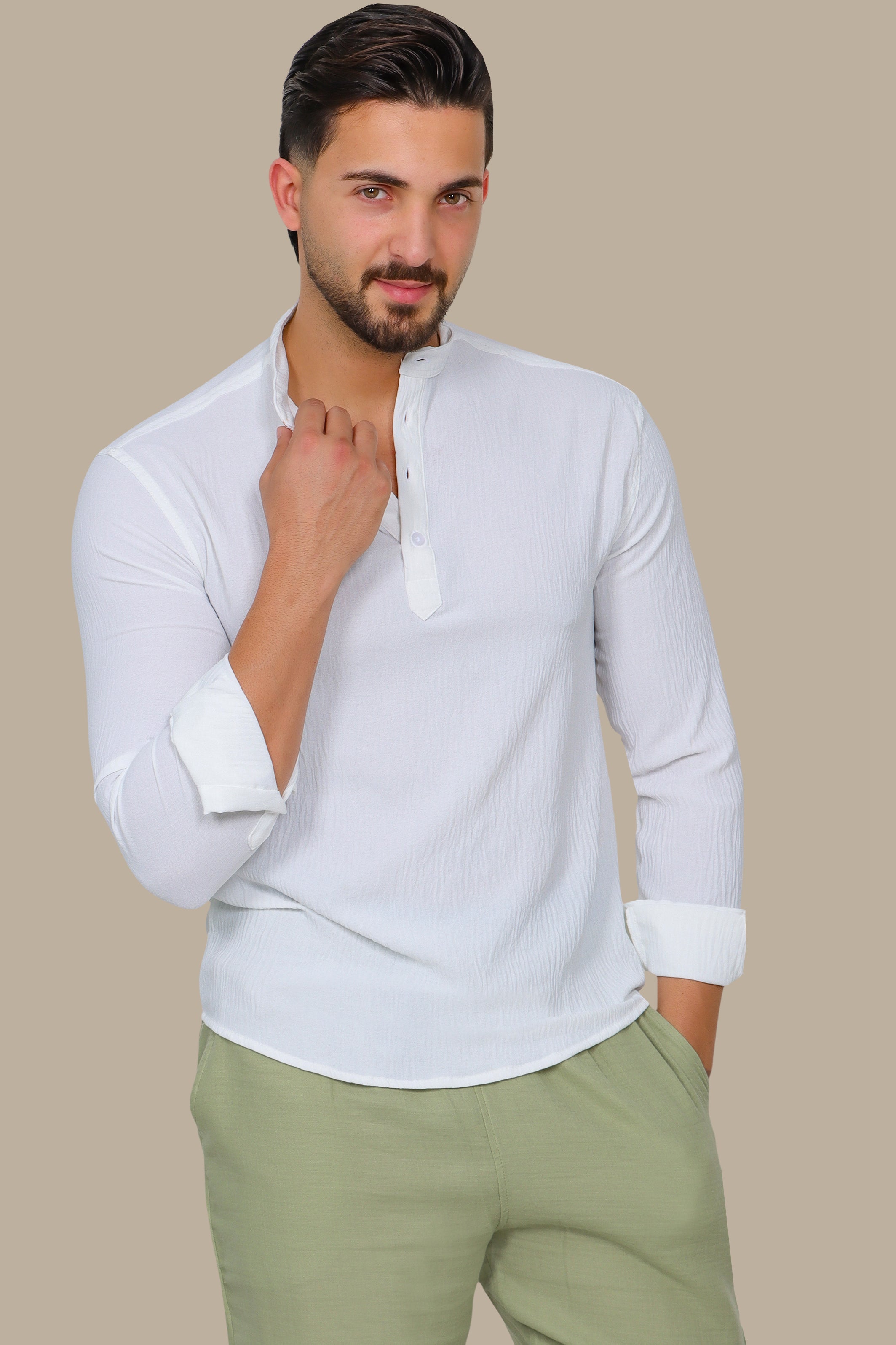 White Linen Aerobin Shirt with Chinese Neck