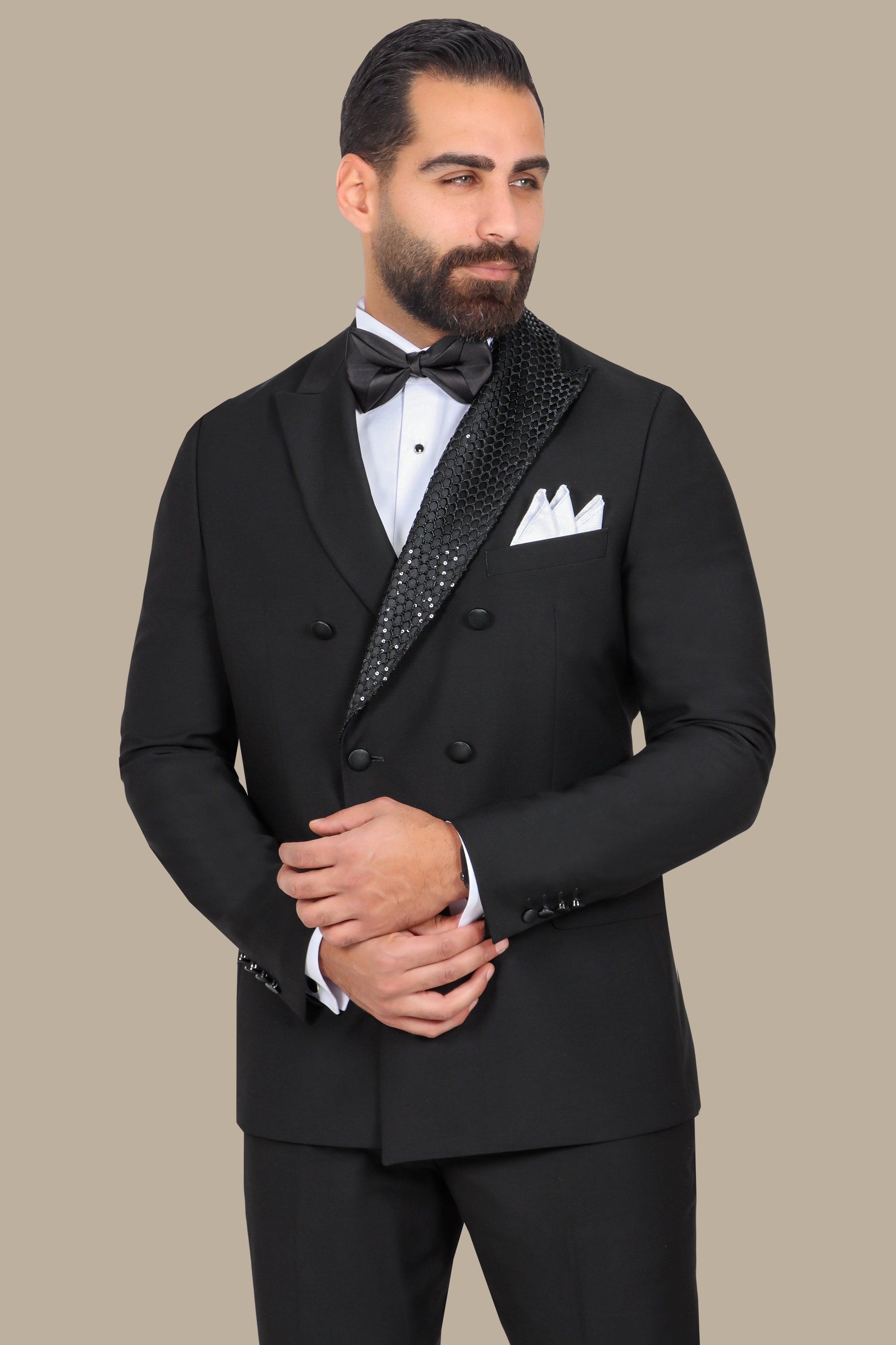 Black Double-Breasted Net Tuxedo