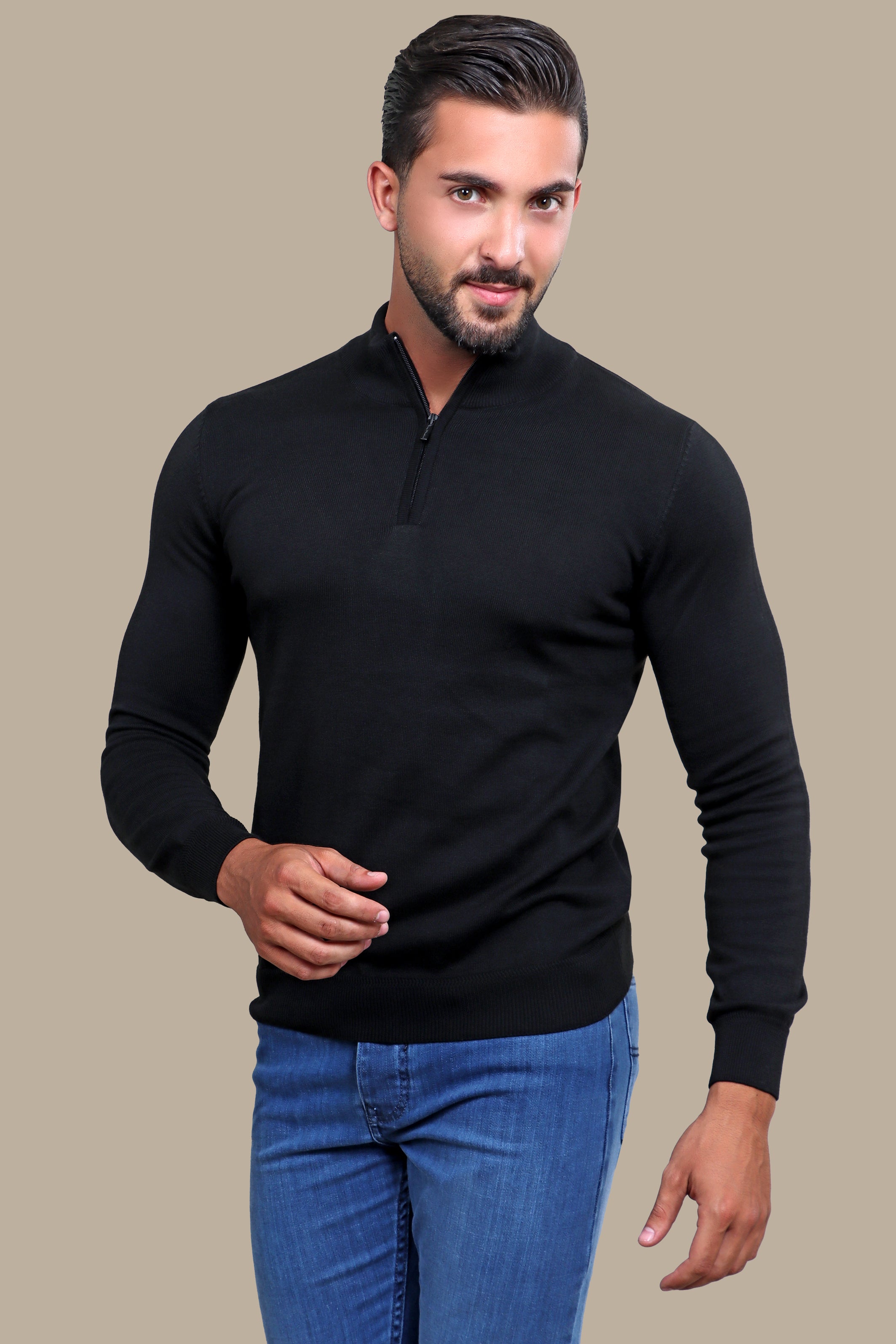 Black Half Zipper Cotton Sweater