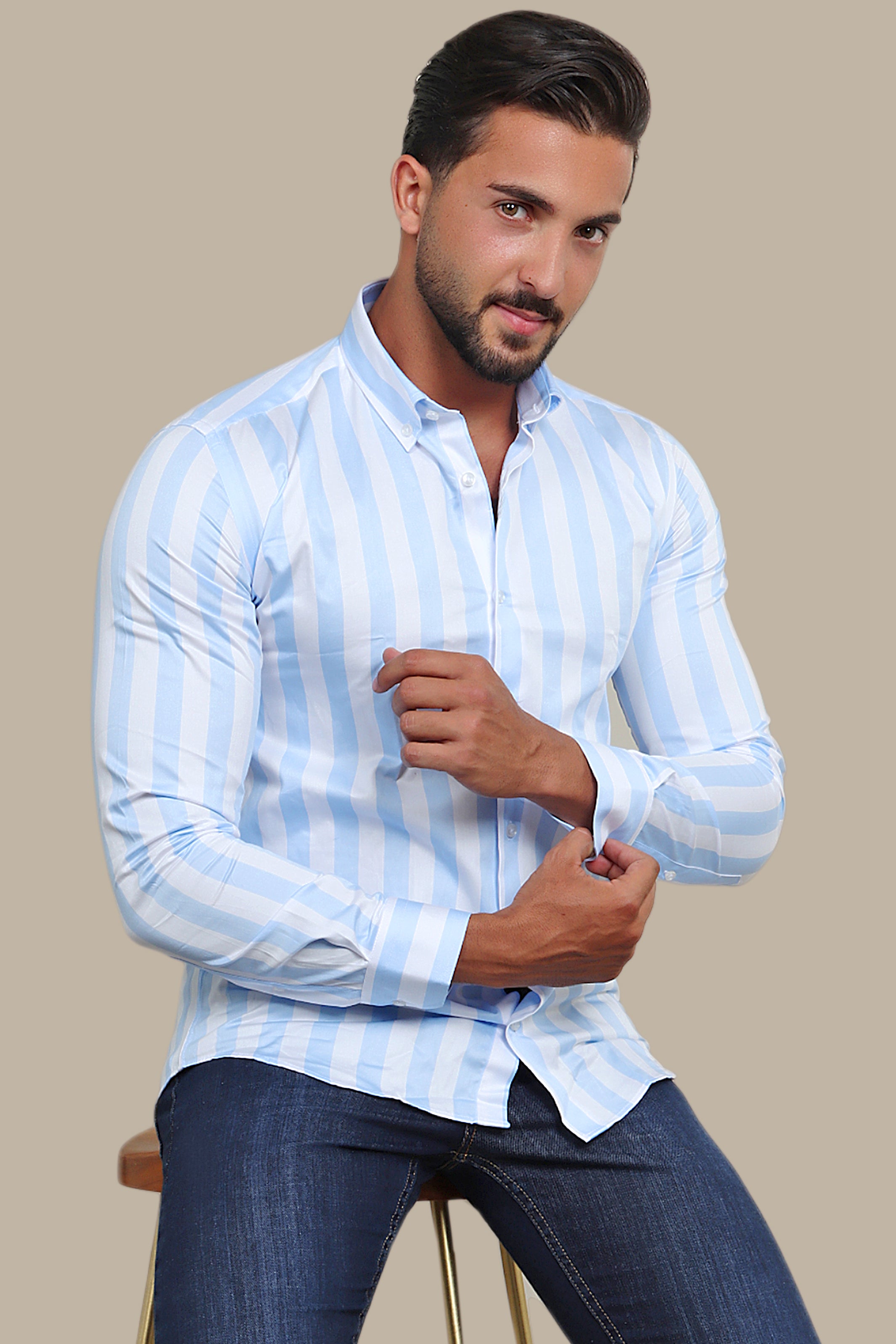 Serene Skies: Light Blue Wide Stripe Shirt