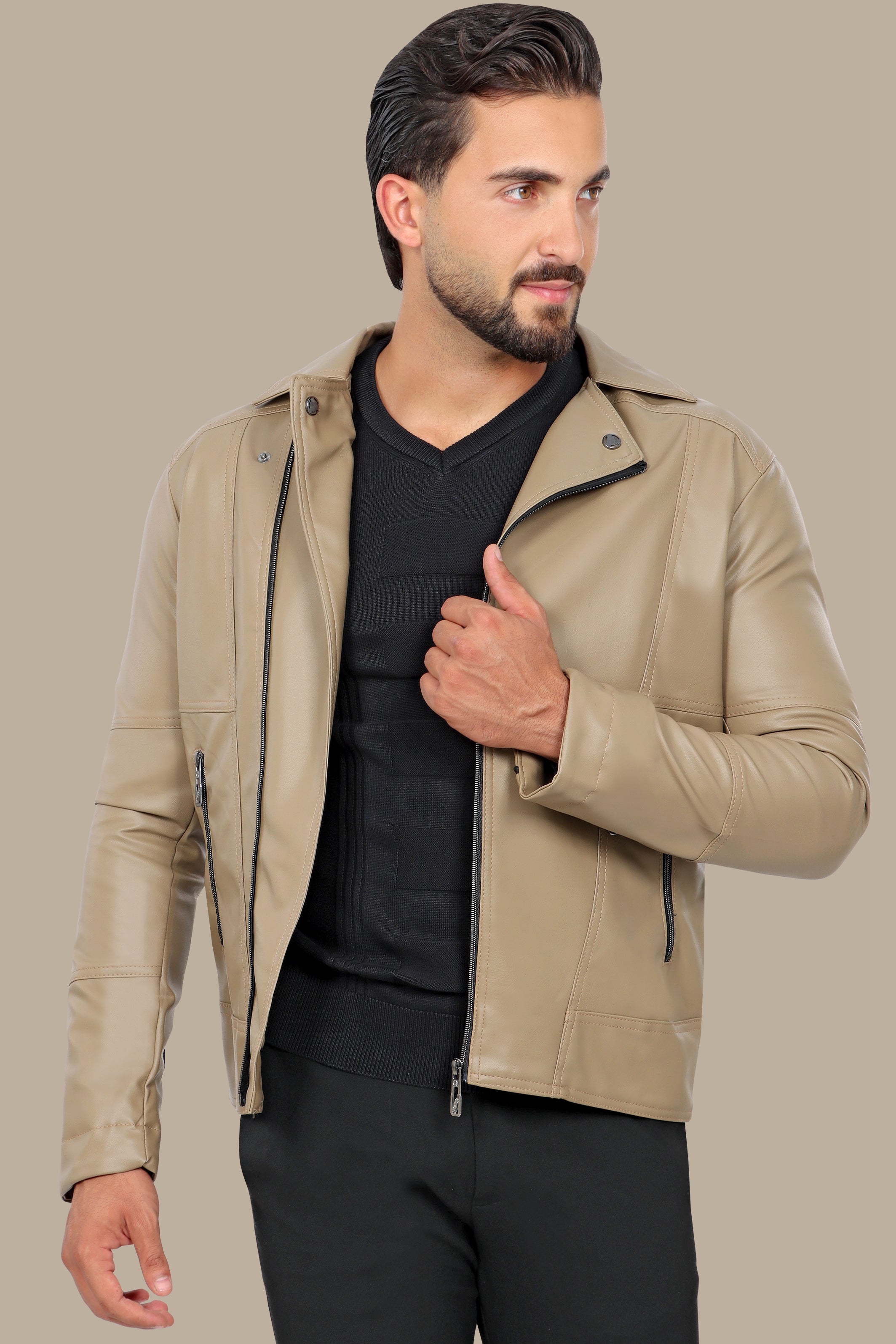 Chic Beige Faux Leather Biker Jacket with Wide Collar