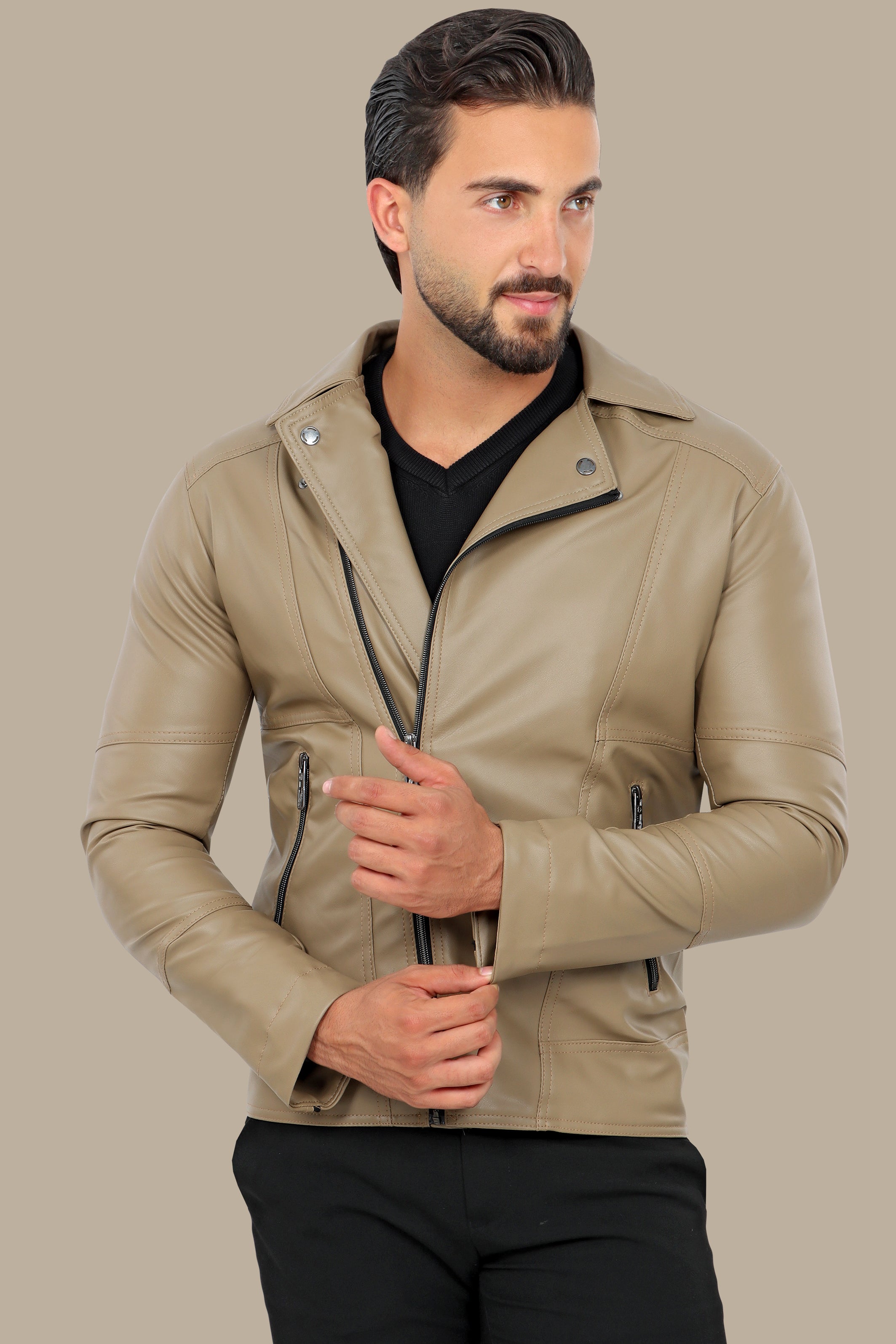 Chic Beige Faux Leather Biker Jacket with Wide Collar