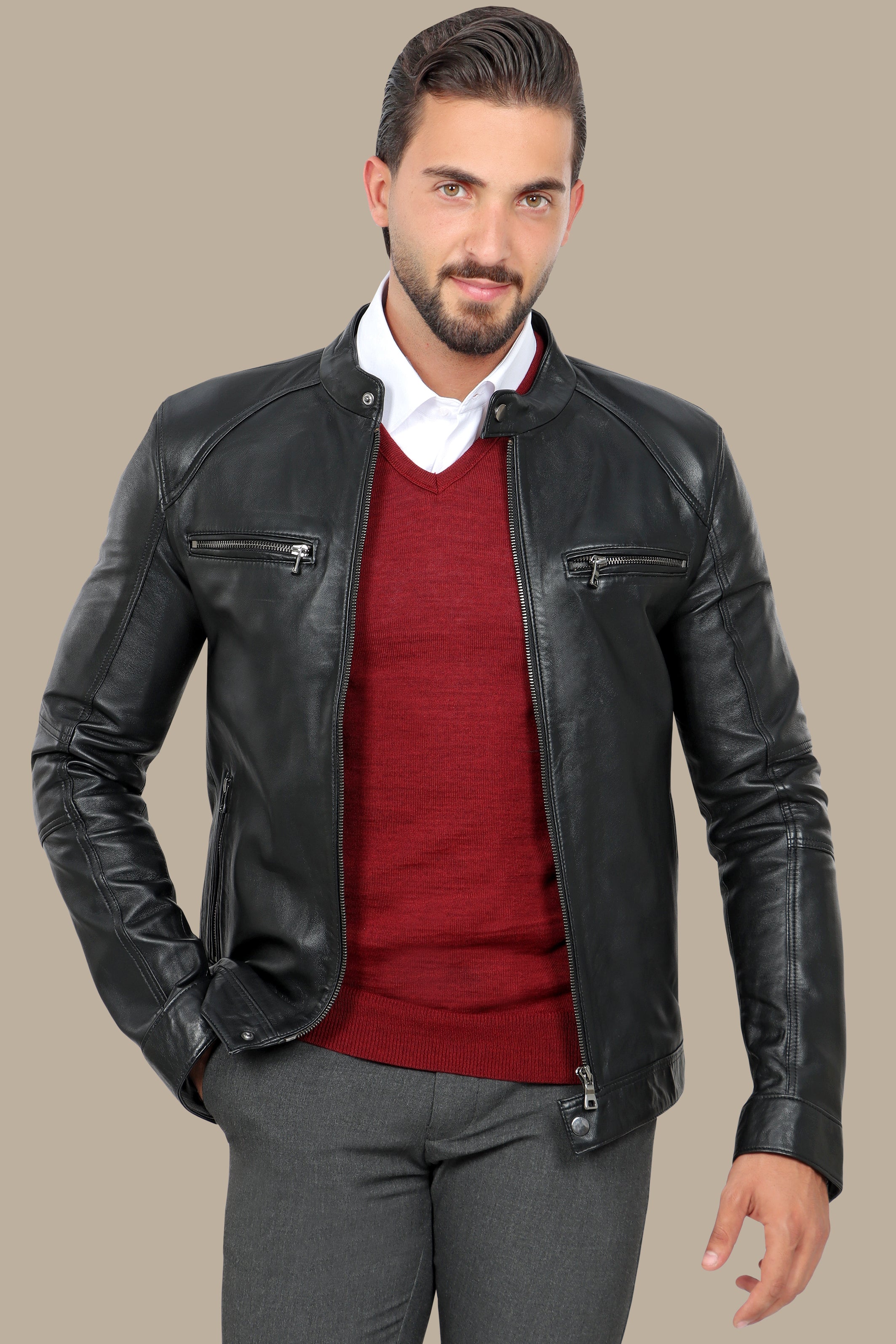 Jacket Real Leather Col Mao 4 Zippers | Black