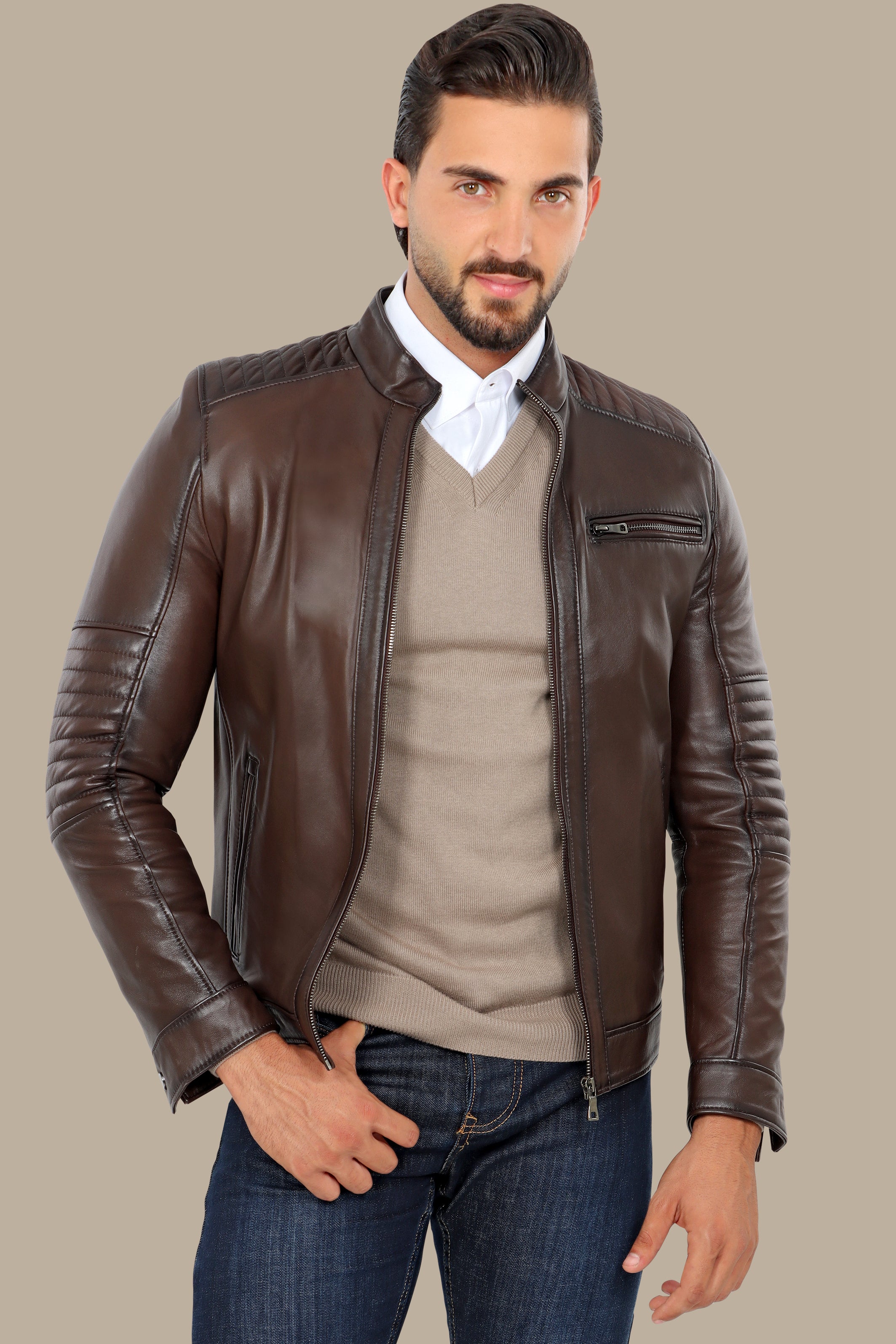 Triple-Zip brown Leather Collarless Jacket