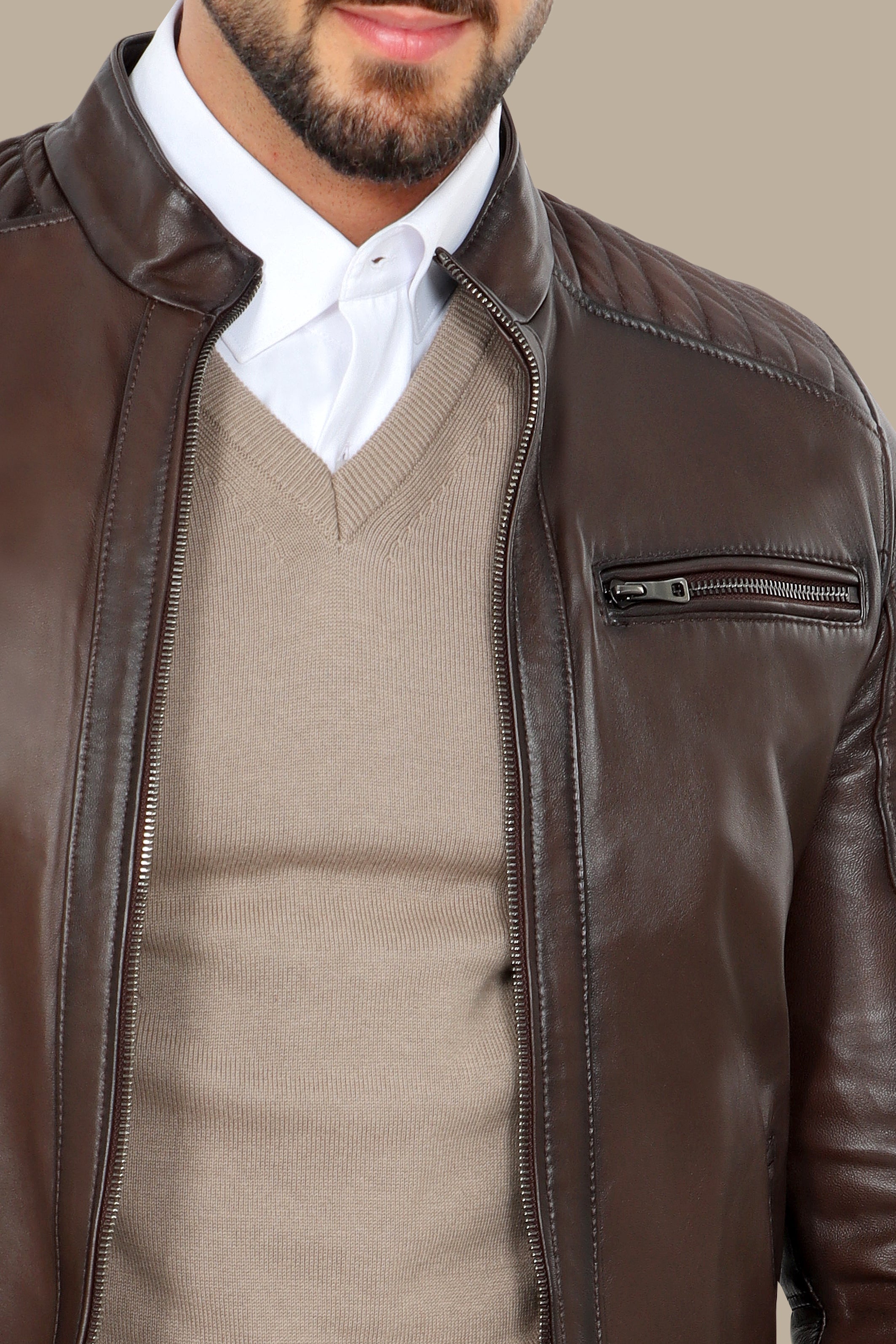 Triple-Zip brown Leather Collarless Jacket