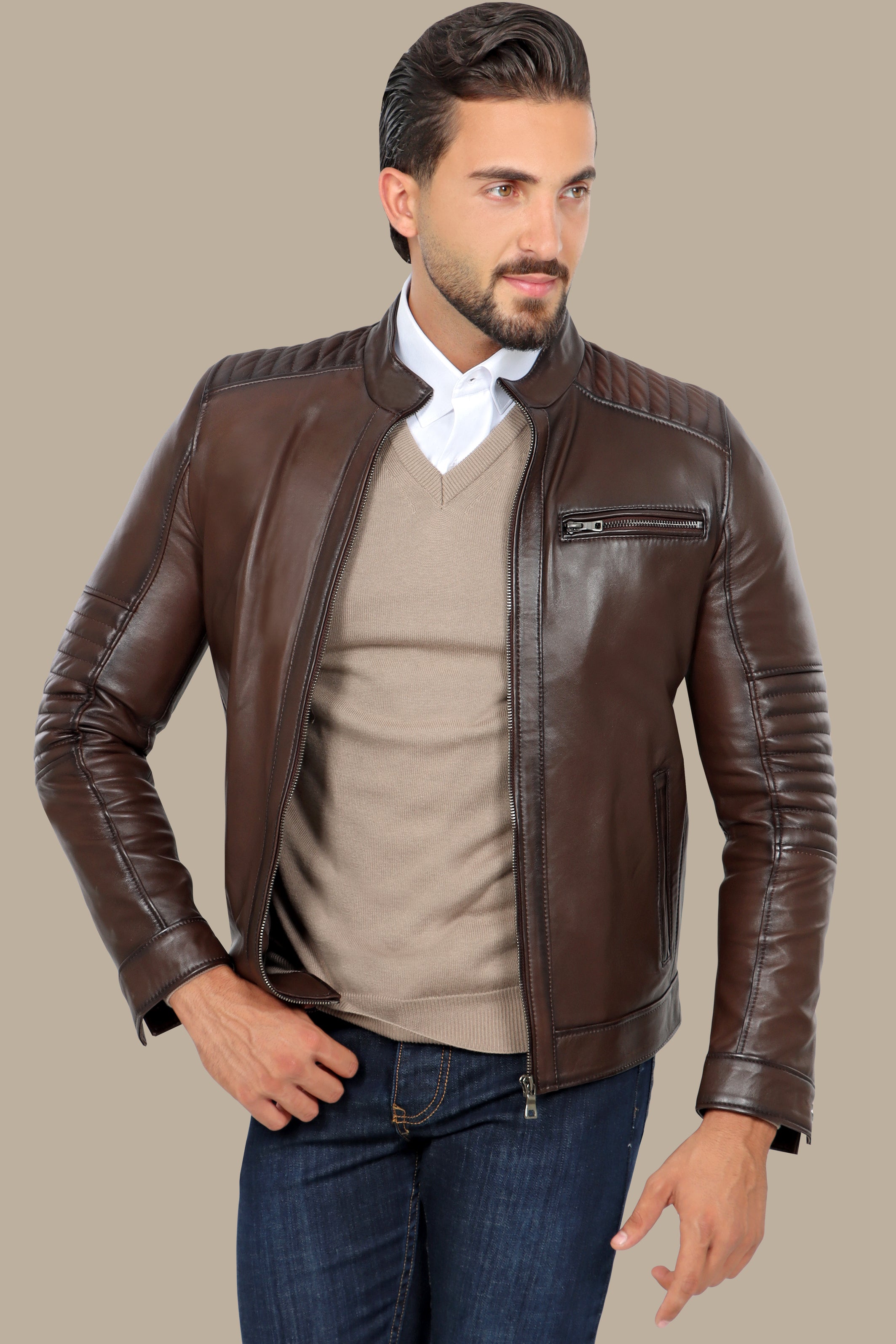 Triple-Zip brown Leather Collarless Jacket