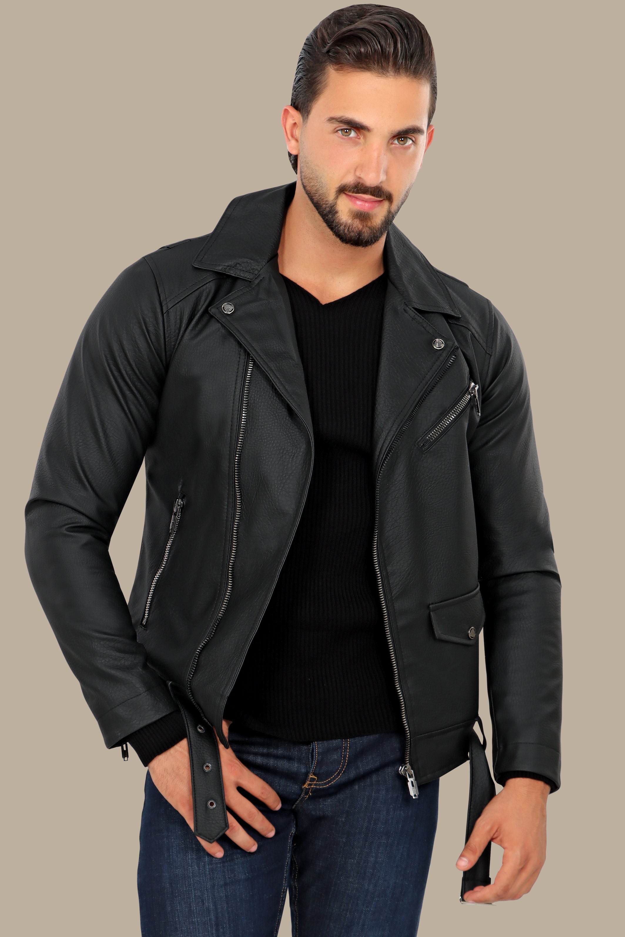 Sleek and Stylish: Faux Leather Biker Jacket with Wide Collar in Structured Black