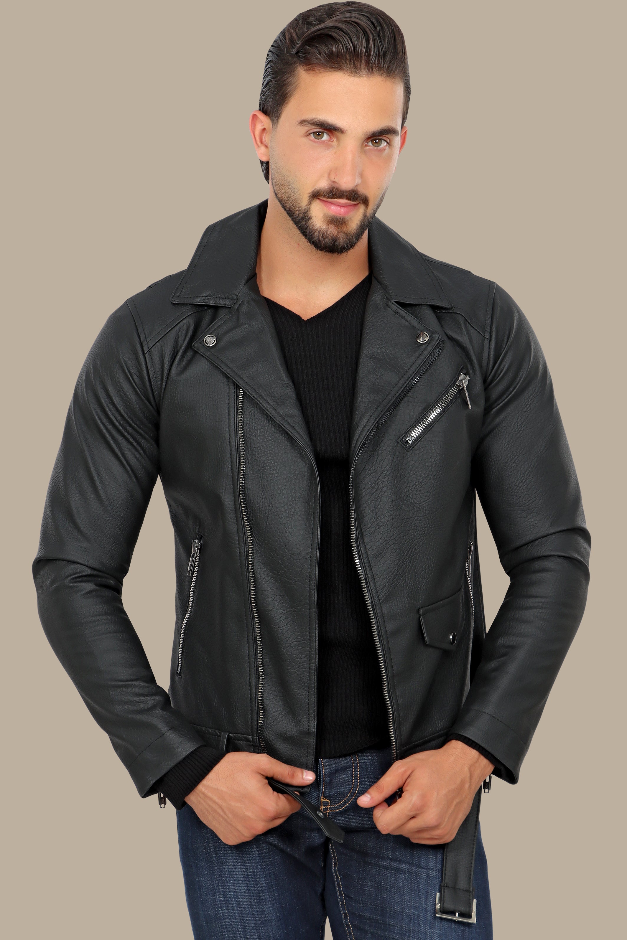 Sleek and Stylish: Faux Leather Biker Jacket with Wide Collar in Structured Black