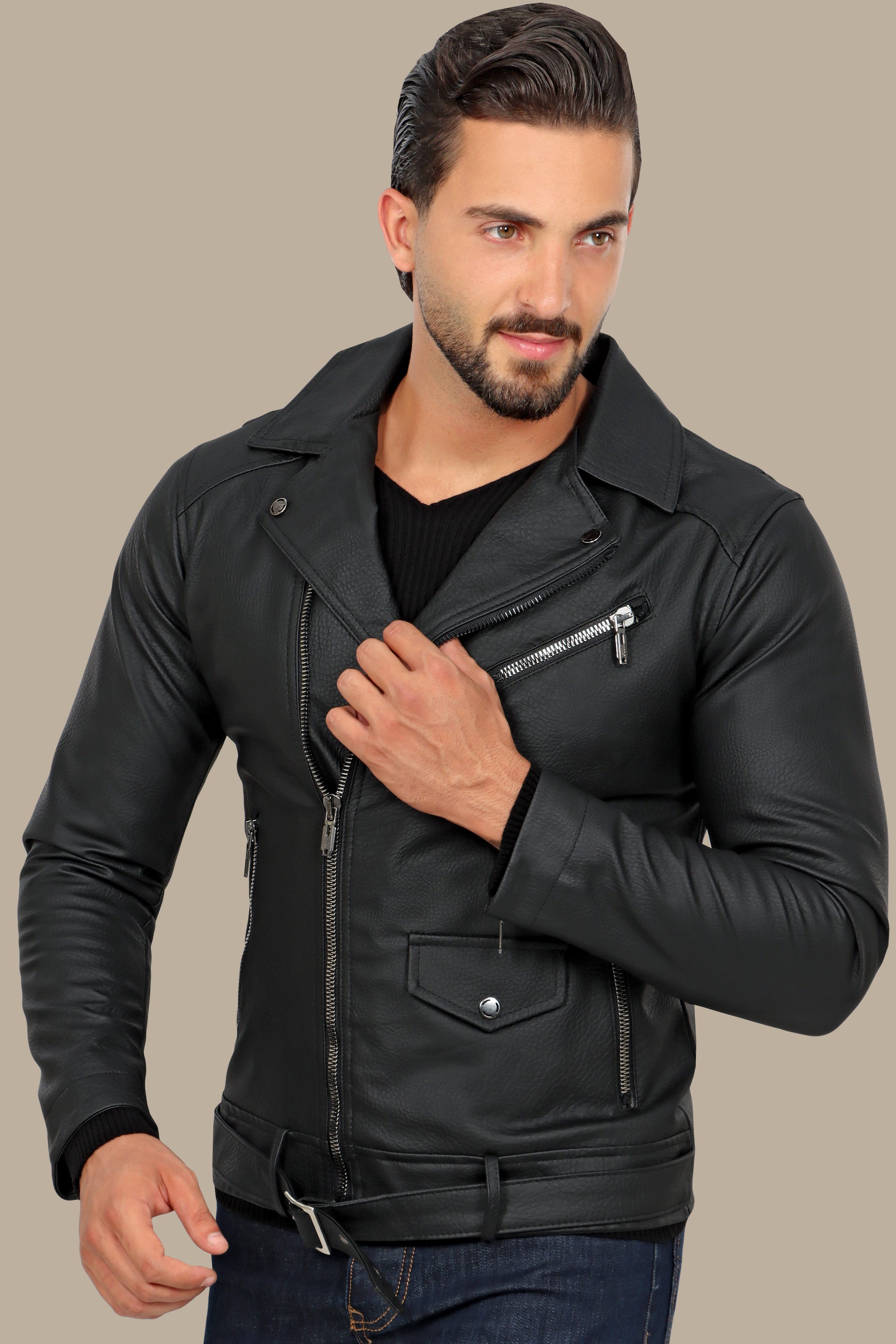 Sleek and Stylish: Faux Leather Biker Jacket with Wide Collar in Structured Black