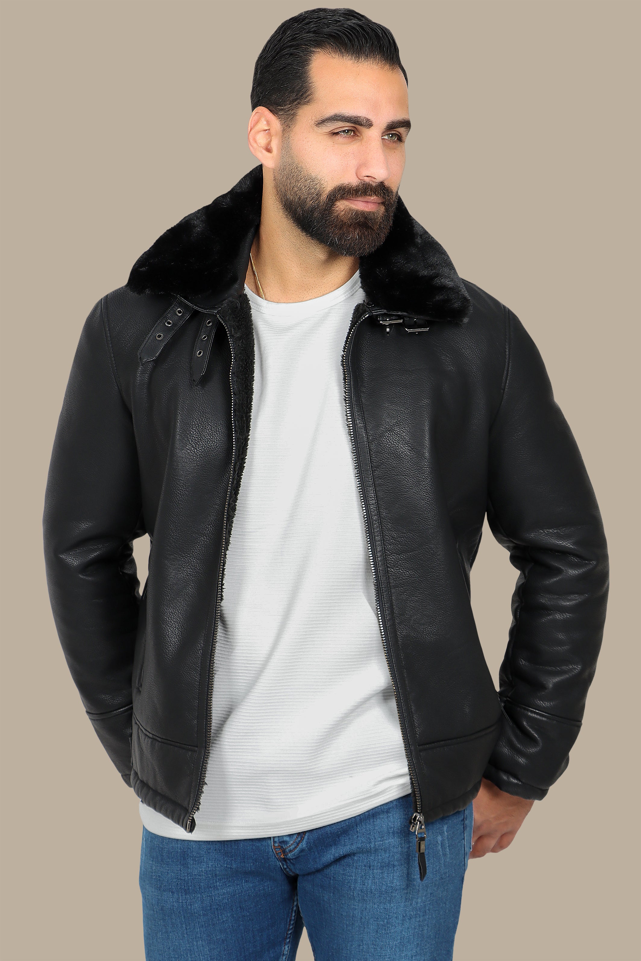 Black Leather Jacket with Fur Collar