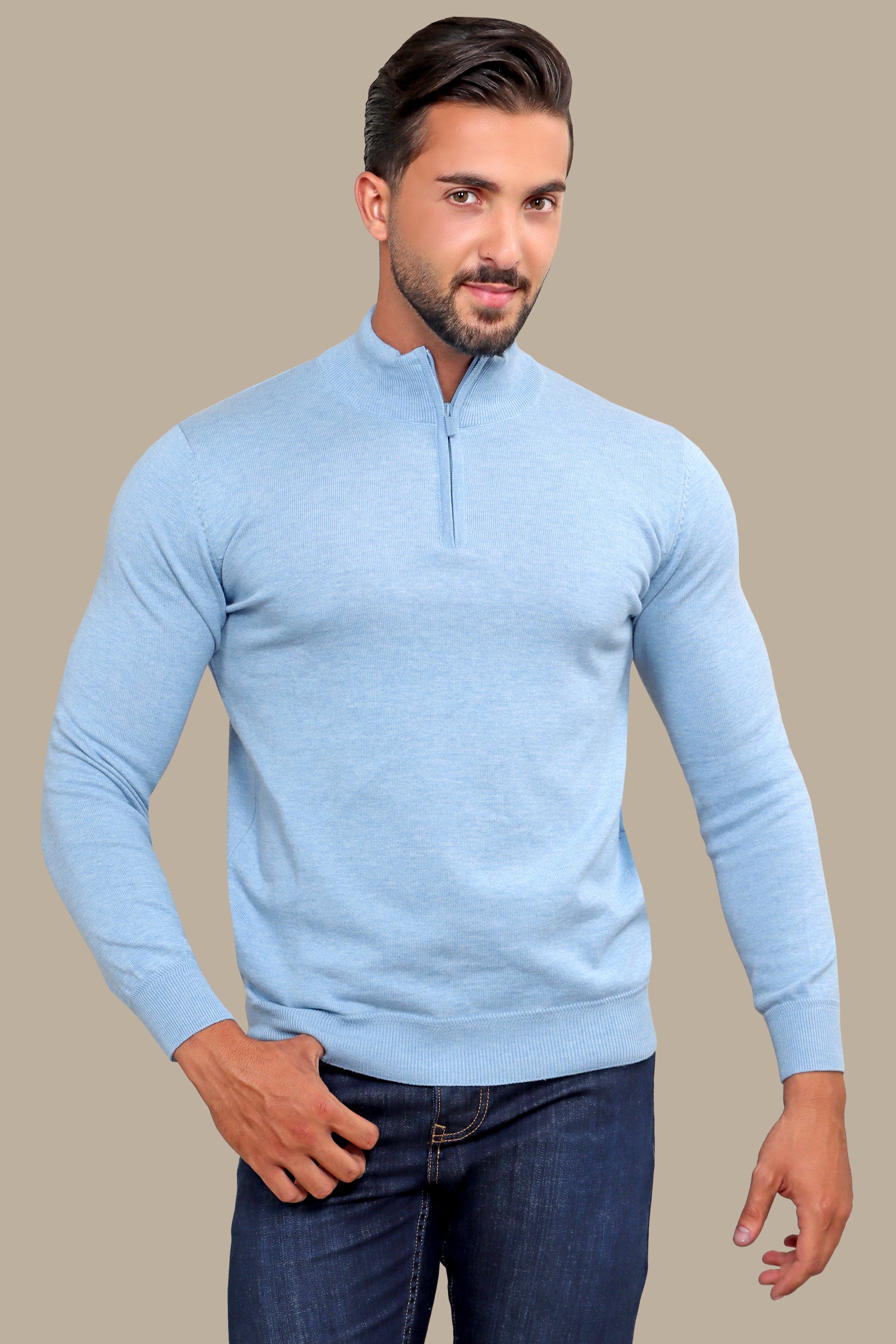 Sweater Half Zipper Cotton | Light Blue