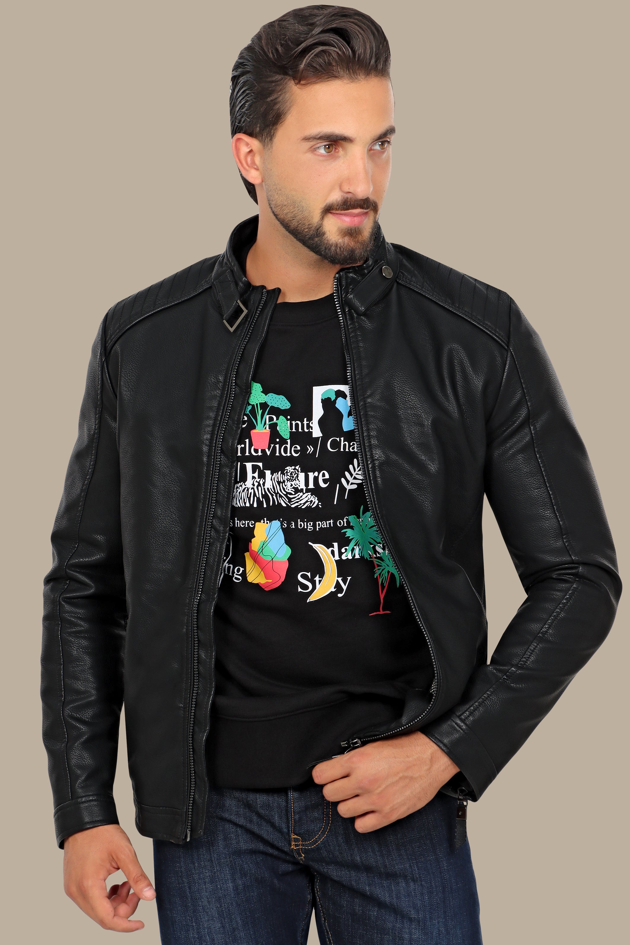 Jacket Faux Leather Col Mao with Buckle | Black