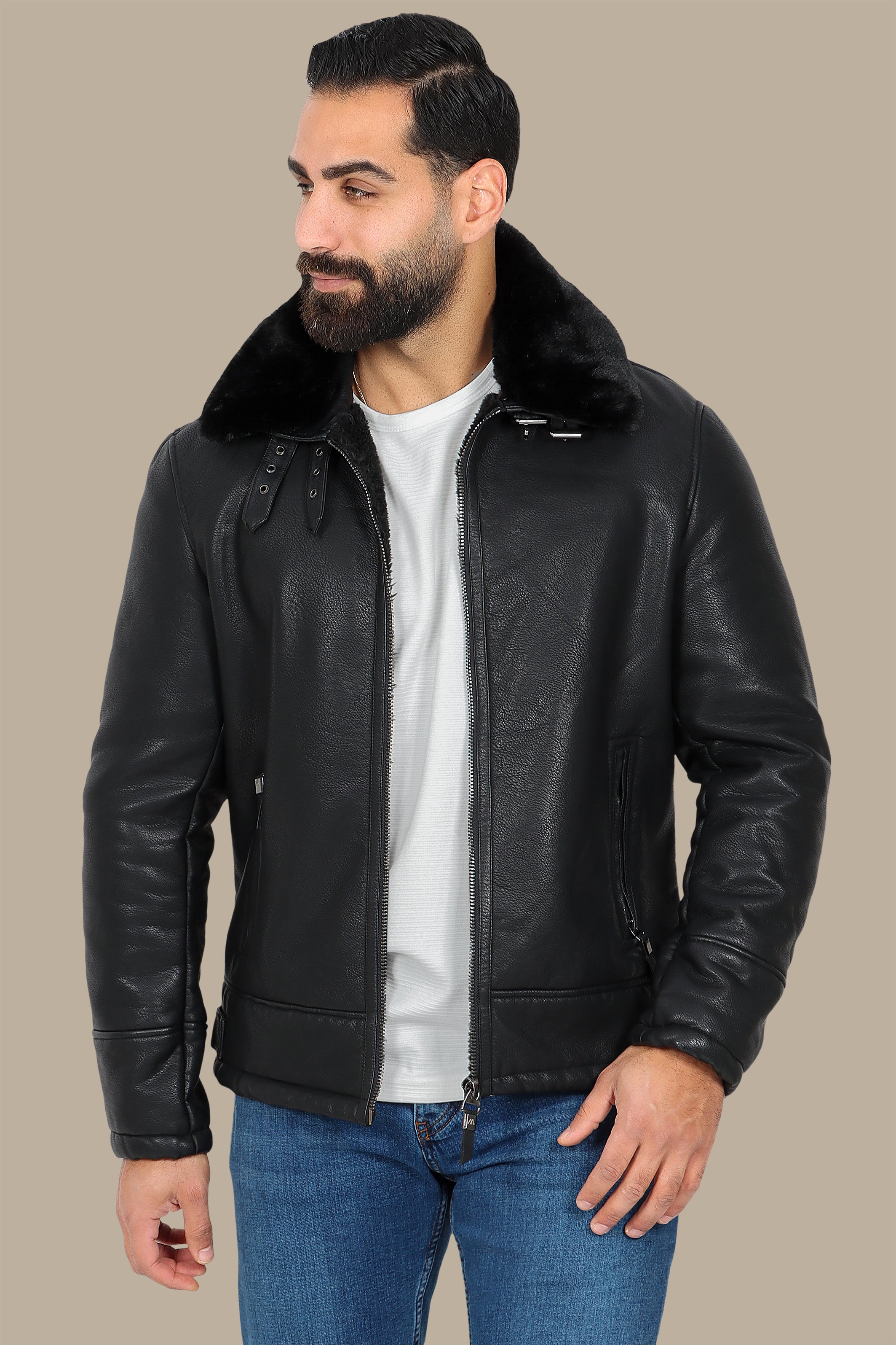 Black Leather Jacket with Fur Collar