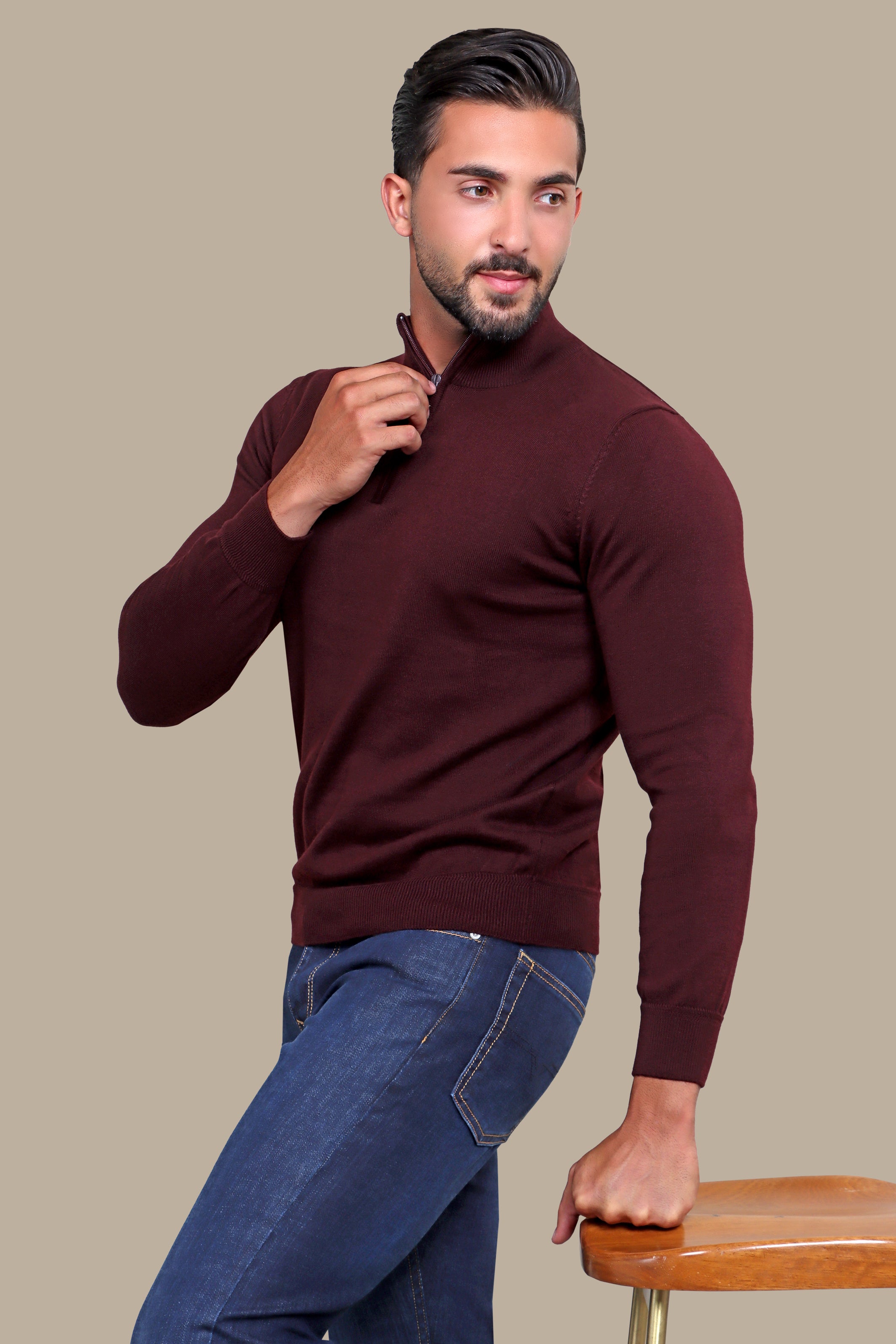 Burgundy Half Zipper Cotton Sweater